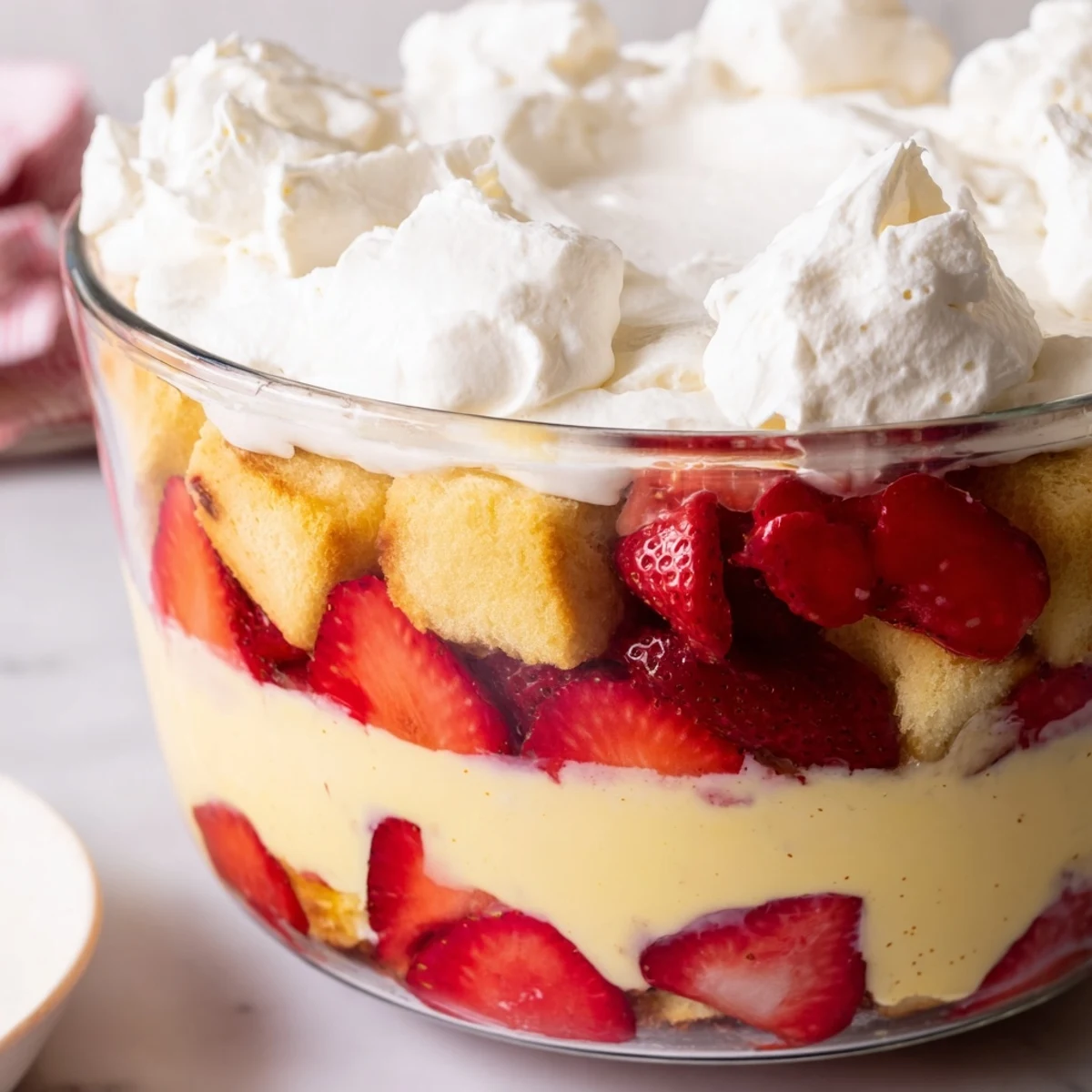 In a bright kitchen, Strawberry Shortcake Trifle with Custard features moist cake cubes soaked in vanilla custard, sweet berries, and billowy whipped cream.  