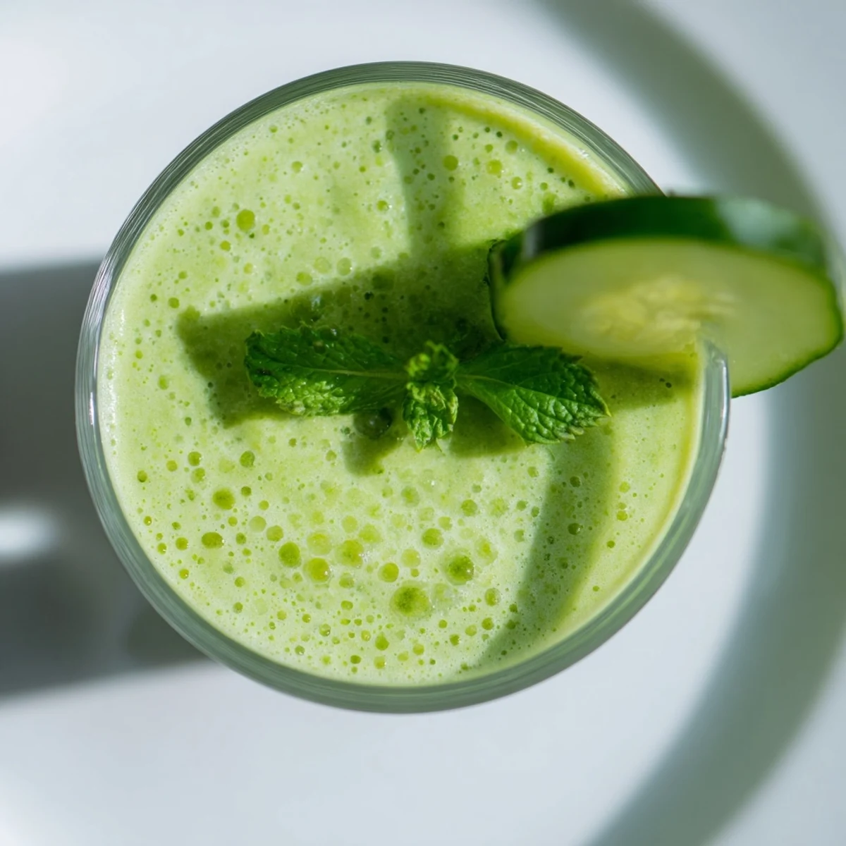A tall glass of Green Detox Smoothie with Cucumber and Ginger, vibrant green and garnished with a mint sprig on a sunny windowsill.