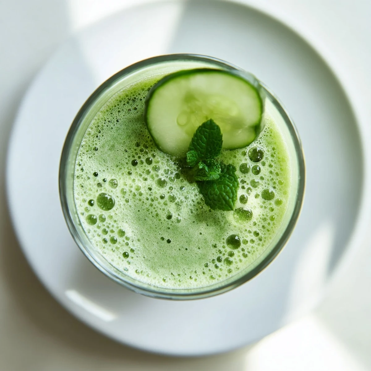 Close-up of a Green Detox Smoothie with Cucumber and Ginger showing icy blend and apple chunks, served beside fresh cucumber slices for garnish.