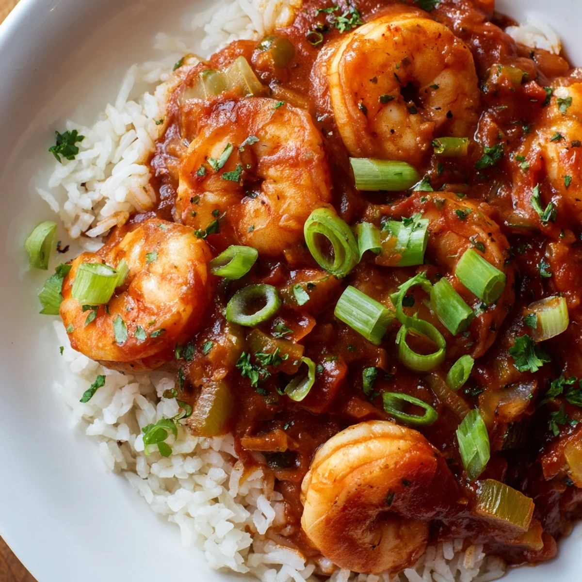 This photo shows Mardi Gras Shrimp Creole with rice served hot, garnished with fresh green onions and parsley.