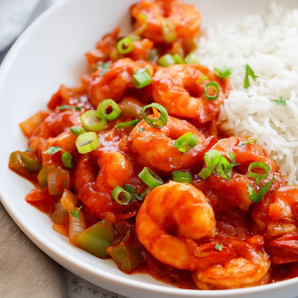 A festive plate of Mardi Gras Shrimp Creole with rice, featuring tender shrimp in a rich, spicy tomato sauce.