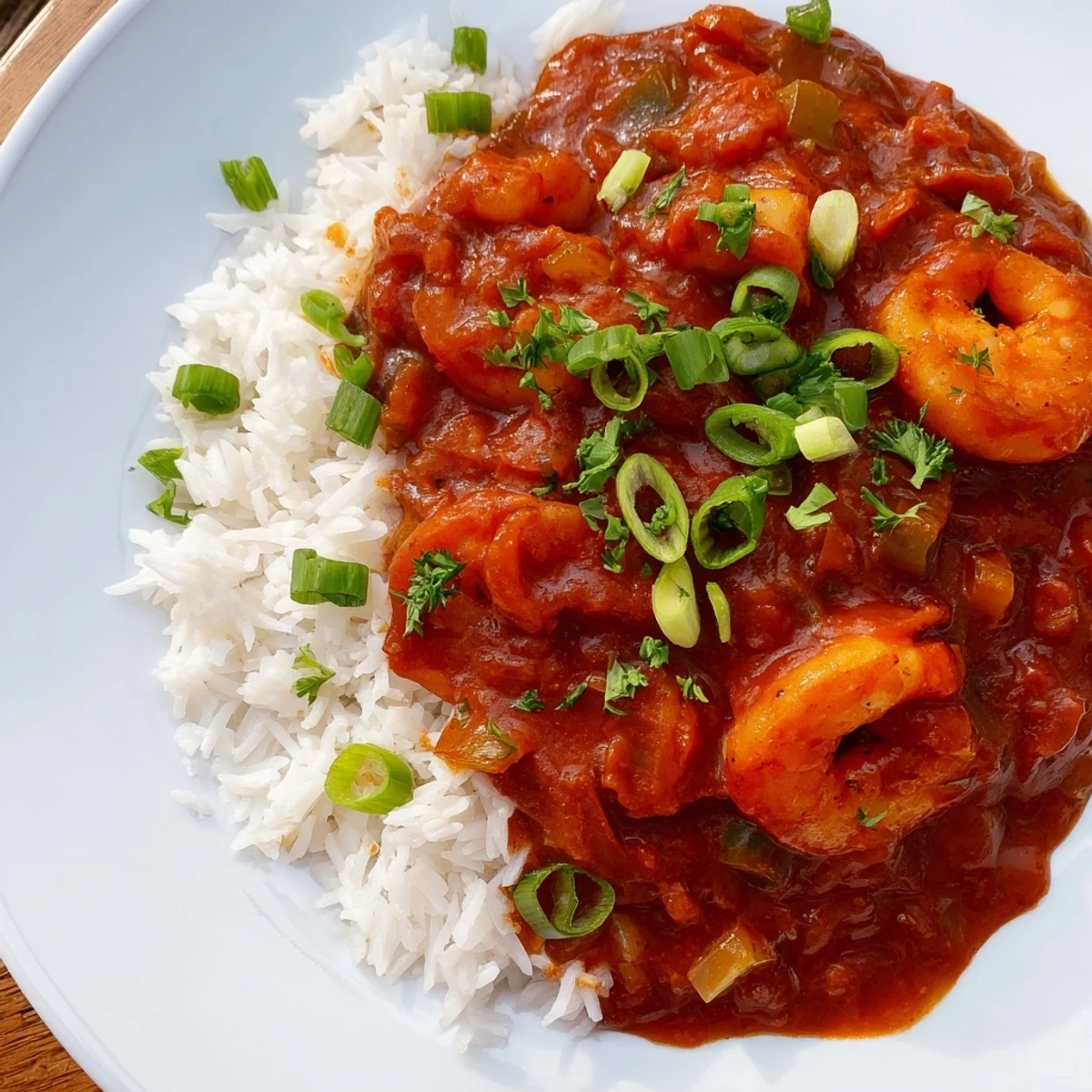 Close-up of Mardi Gras Shrimp Creole with rice, highlighting the plump shrimp and vibrant red Creole sauce.