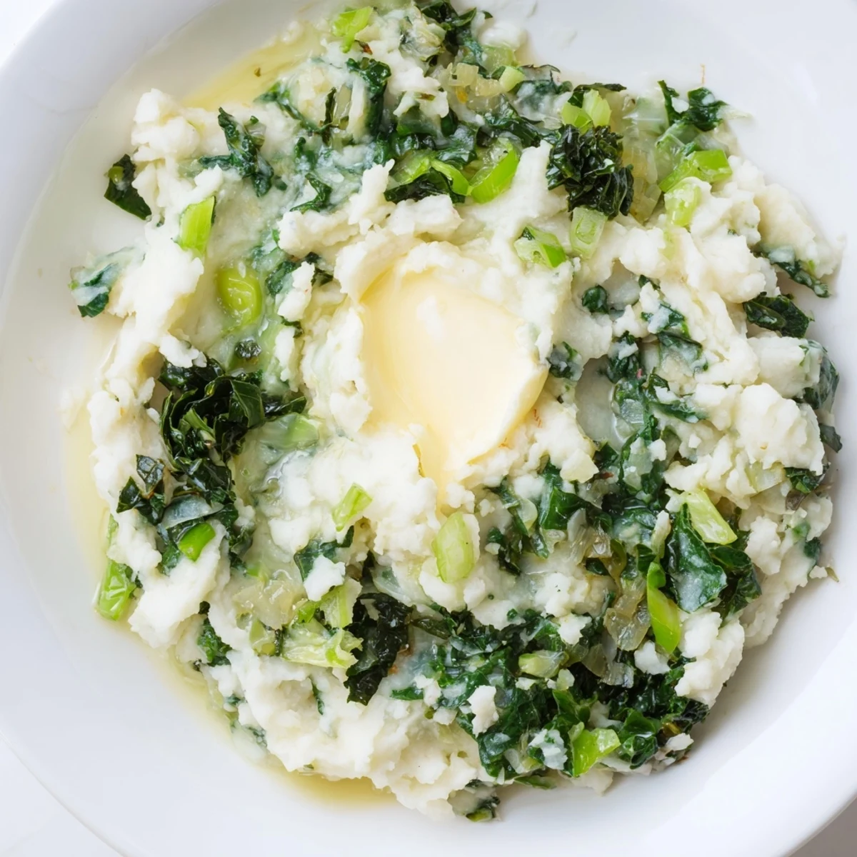 Hearty bowl of Irish Colcannon with Kale and Butter ready to serve, paired with roast chicken and garnished with fresh spring onions.