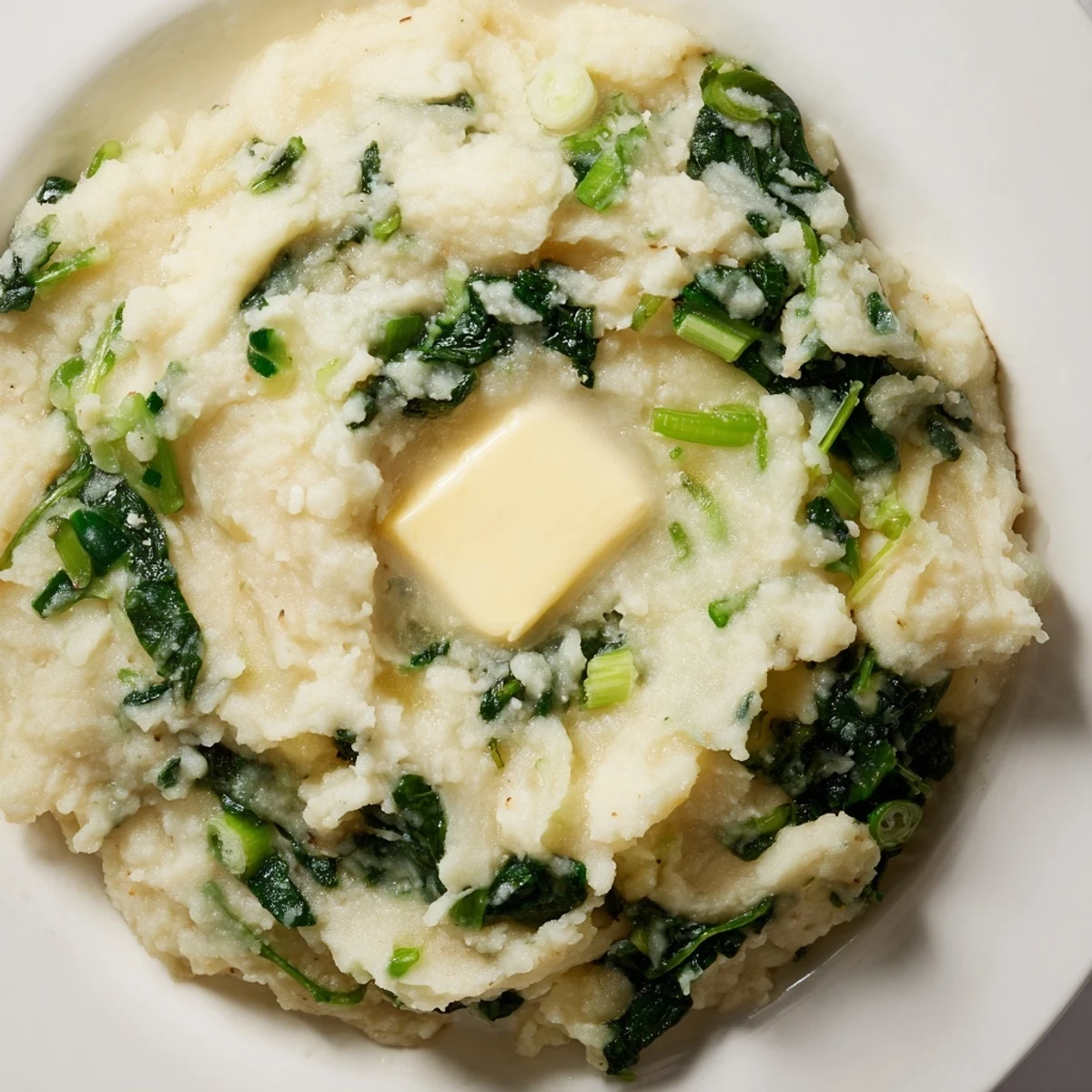 Steam rising from warm Irish Colcannon with Kale and Butter in a rustic pot, highlighting its comforting texture and rich buttery finish.