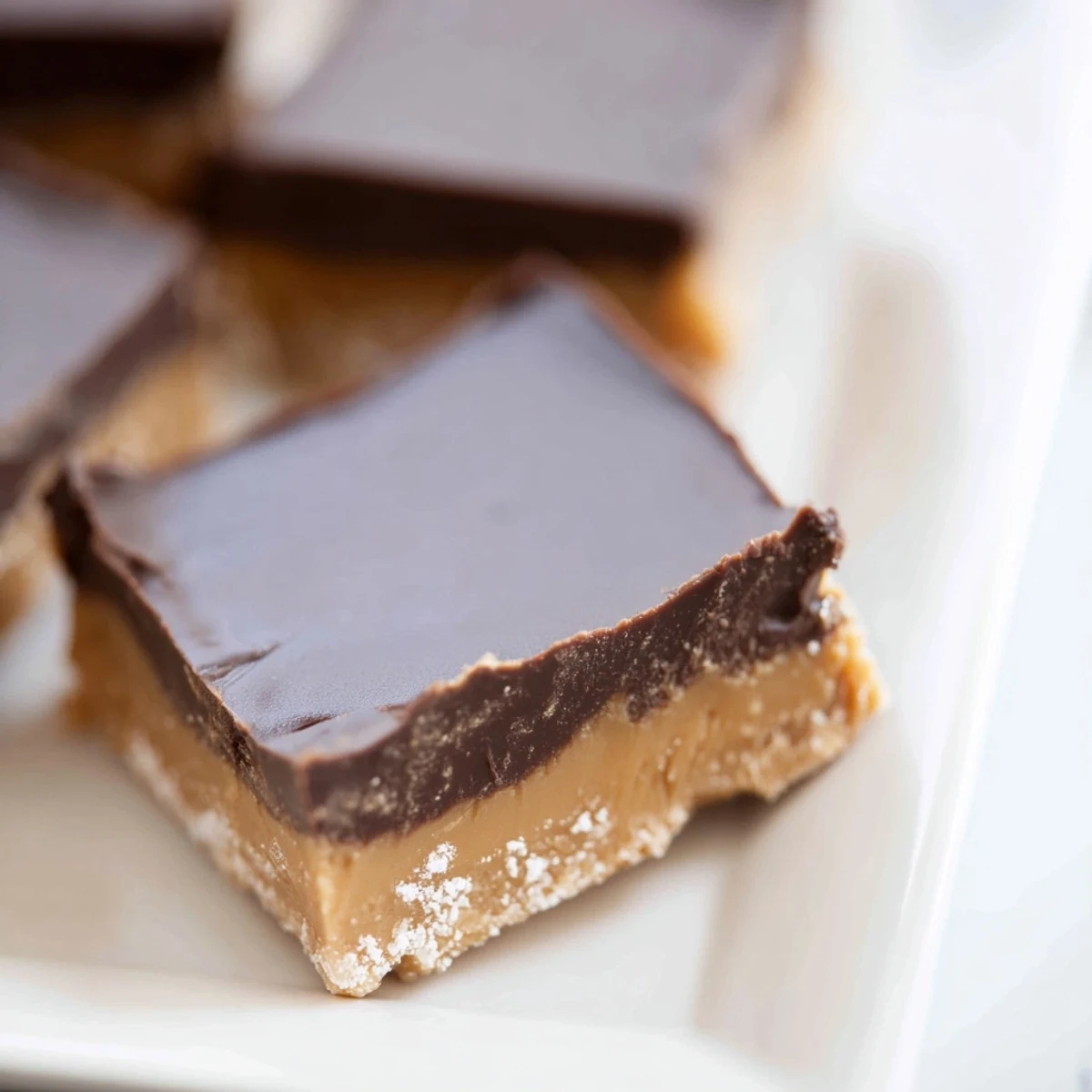 Freshly chilled Chocolate Peanut Butter Fudge Squares served on a plate, ideal for a party platter or afternoon snack.