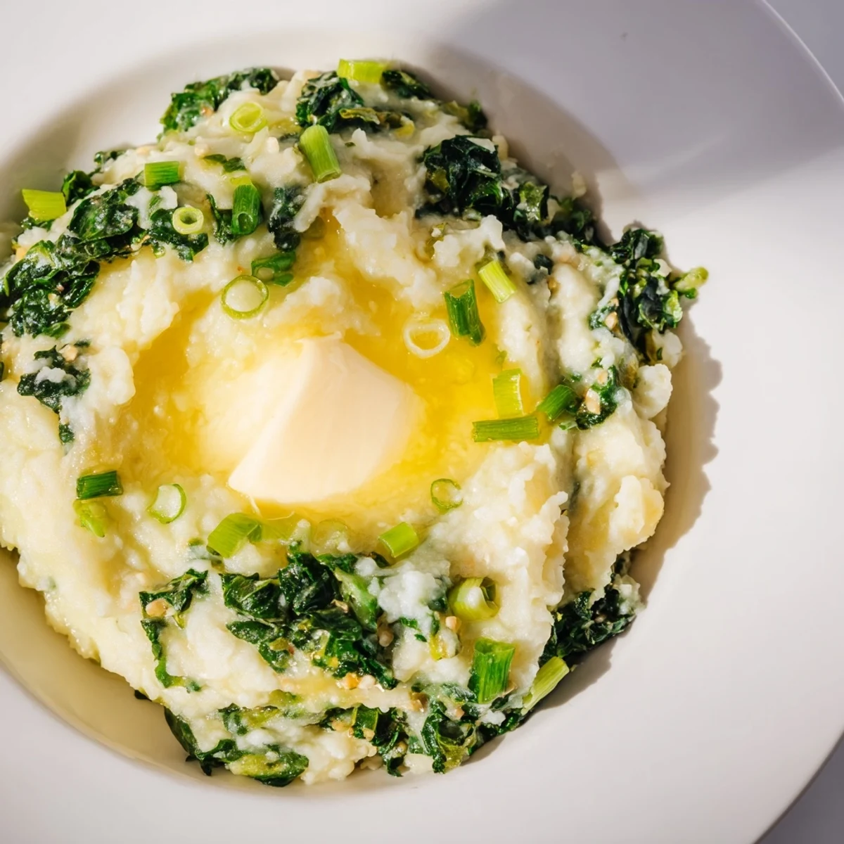 A comforting bowl of Irish Colcannon with Kale and Butter, topped with sliced green onions and a swirl of butter.