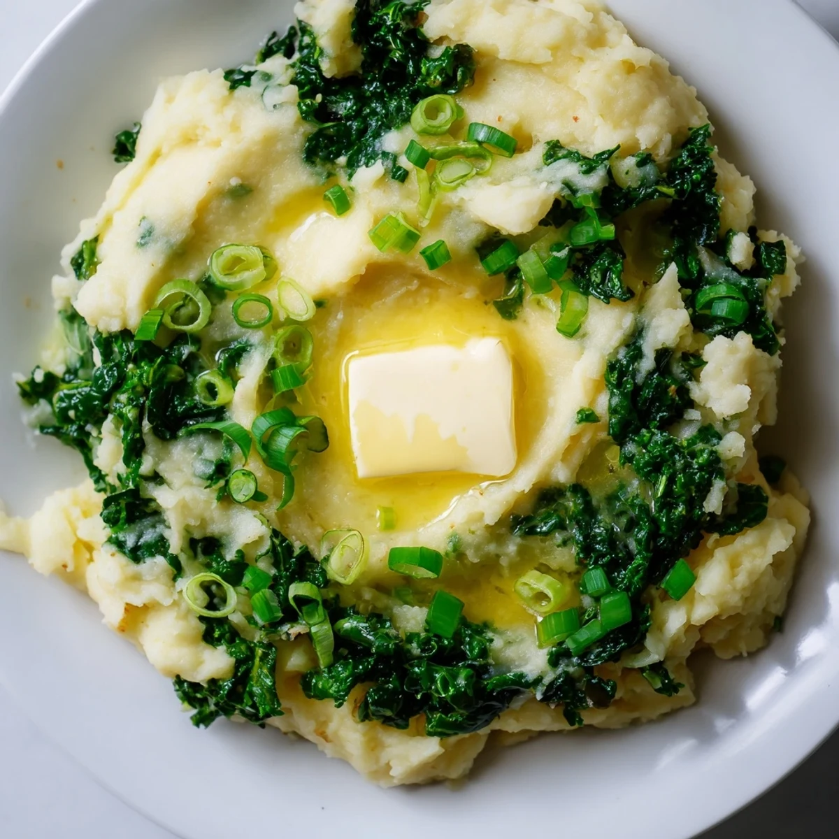 Irish Colcannon with Kale and Butter showing chunky mashed potatoes flecked with sautéed kale and melted butter.