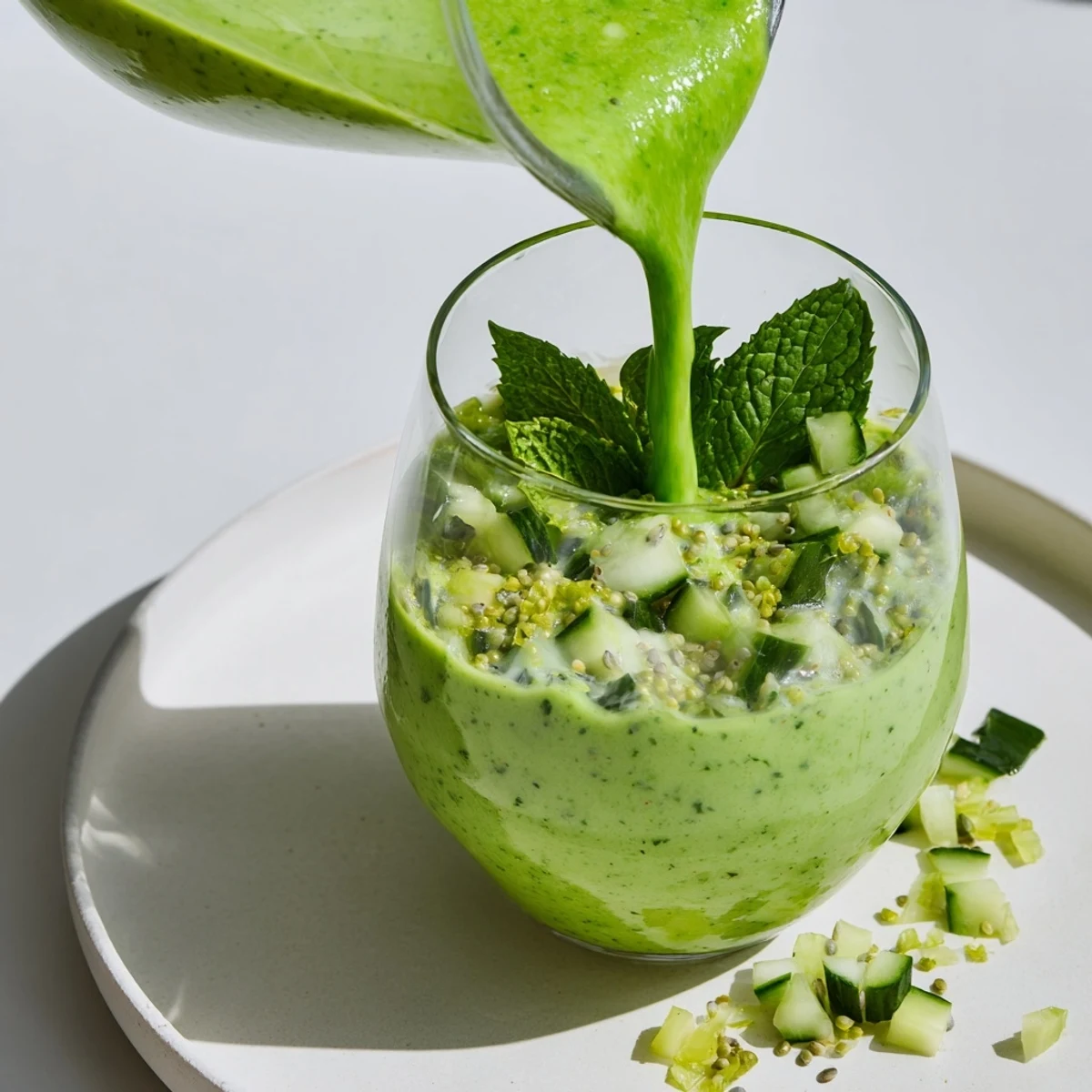 Vibrant green detox smoothie with cucumber and ginger, garnished with mint in a tall glass.