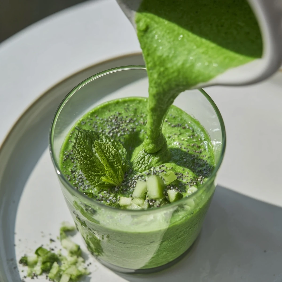 Glossy green detox smoothie featuring cucumber, ginger, and leafy greens, poured into a glass with a lime wedge.
