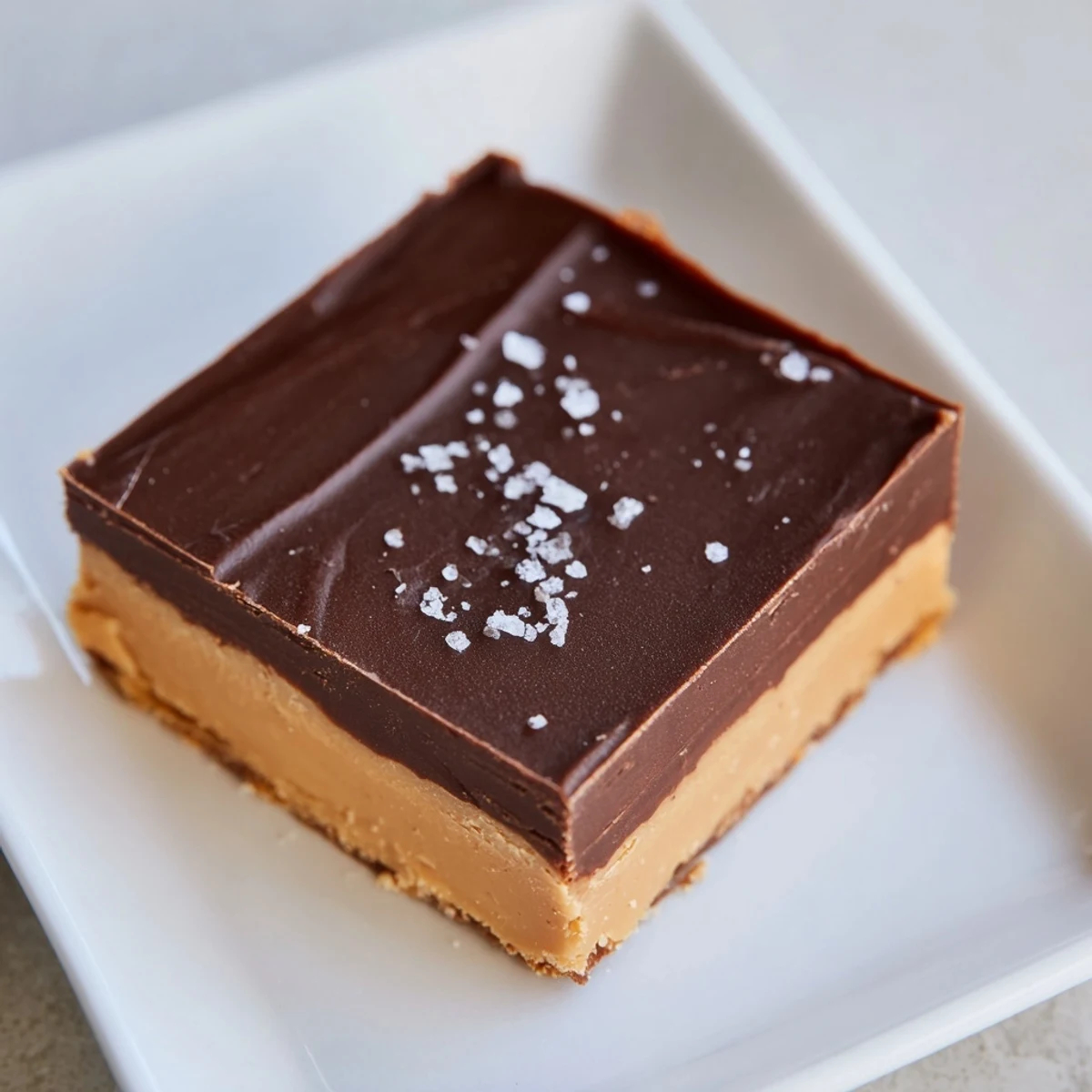 Perfectly chilled squares of Chocolate Peanut Butter Fudge cut cleanly on a marble counter, showcasing the rich layered texture.