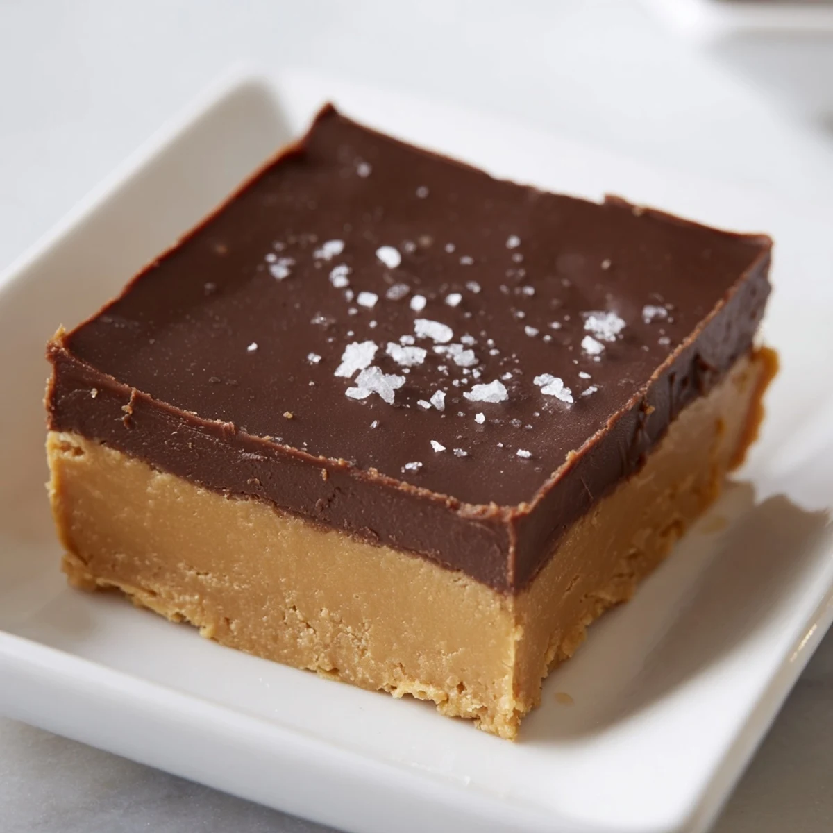 A close-up of creamy Chocolate Peanut Butter Fudge squares dusted with sea salt on a rustic wooden serving board.
