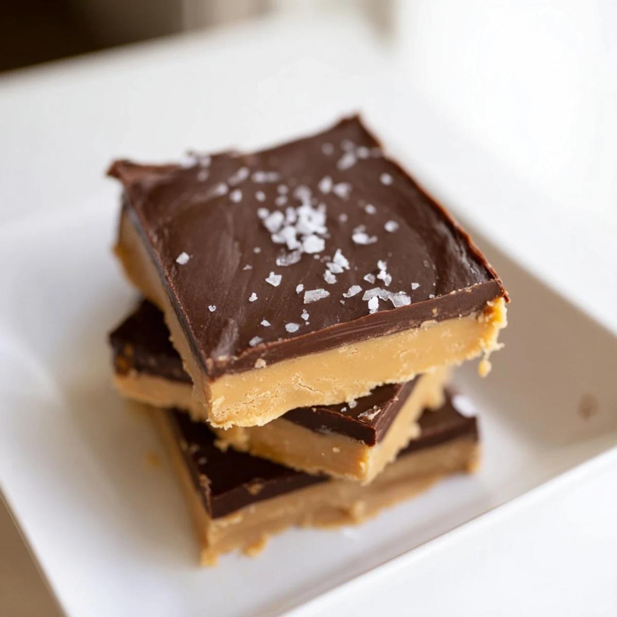 Freshly cut Chocolate Peanut Butter Fudge squares arranged neatly in an 8-inch pan lined with parchment paper.