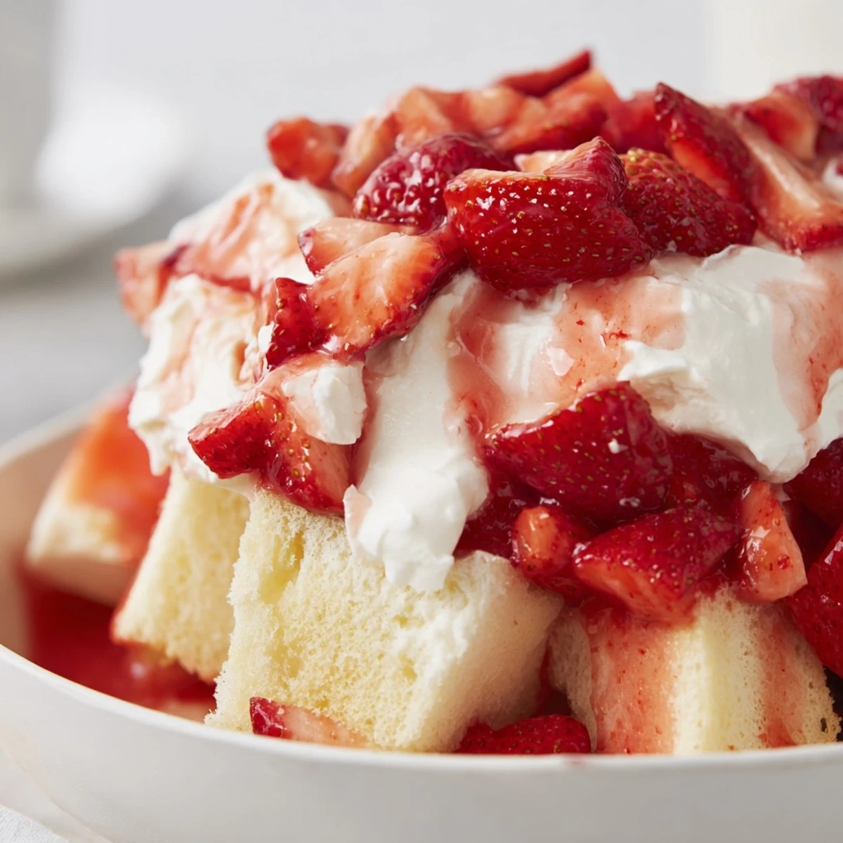 In a glass trifle bowl, vibrant strawberries and creamy vanilla custard crown golden sponge cake cubes in this Strawberry Shortcake Trifle with Custard.