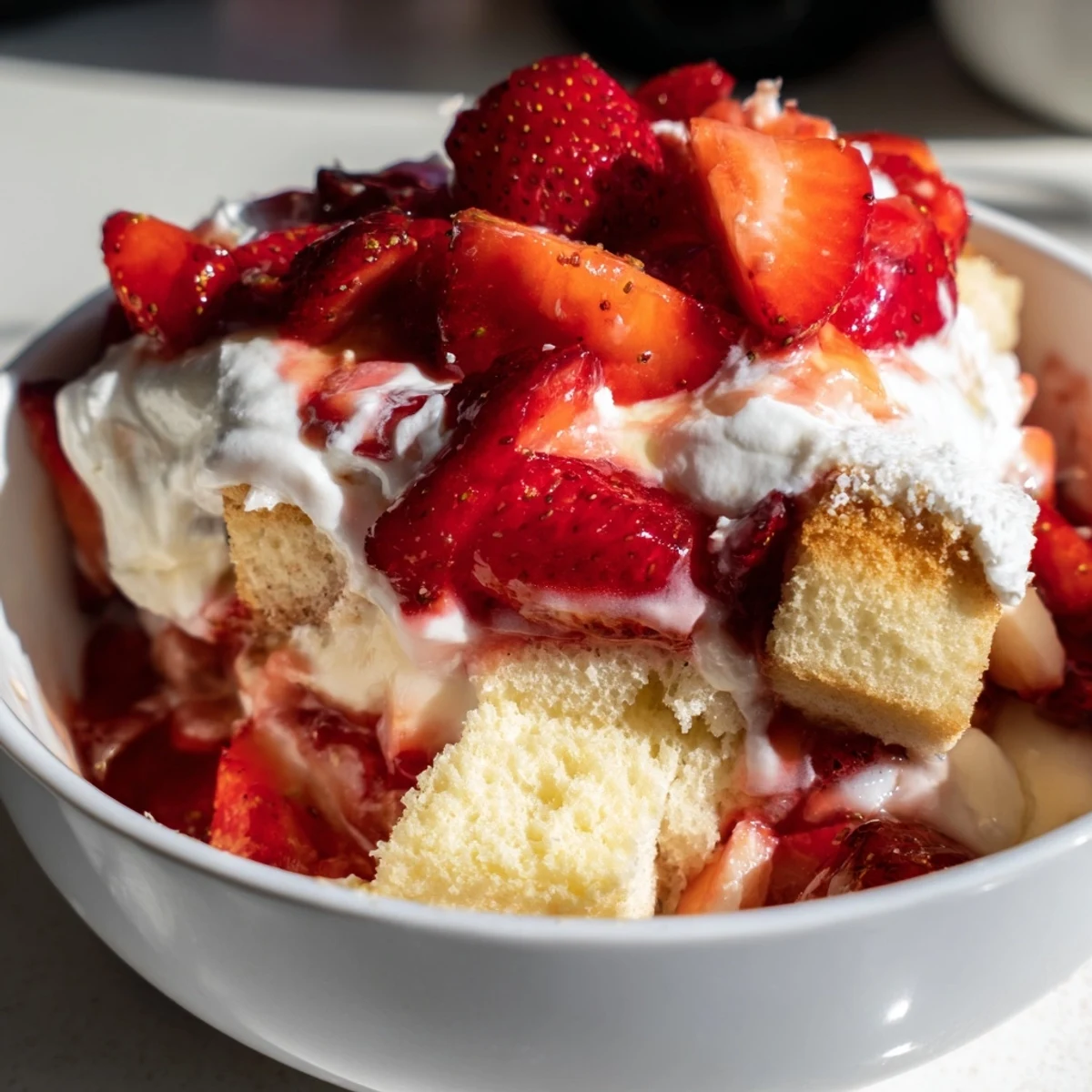 Whipped cream tops juicy berries and silky custard layered over tender cake in a refreshing Strawberry Shortcake Trifle with Custard for summer.