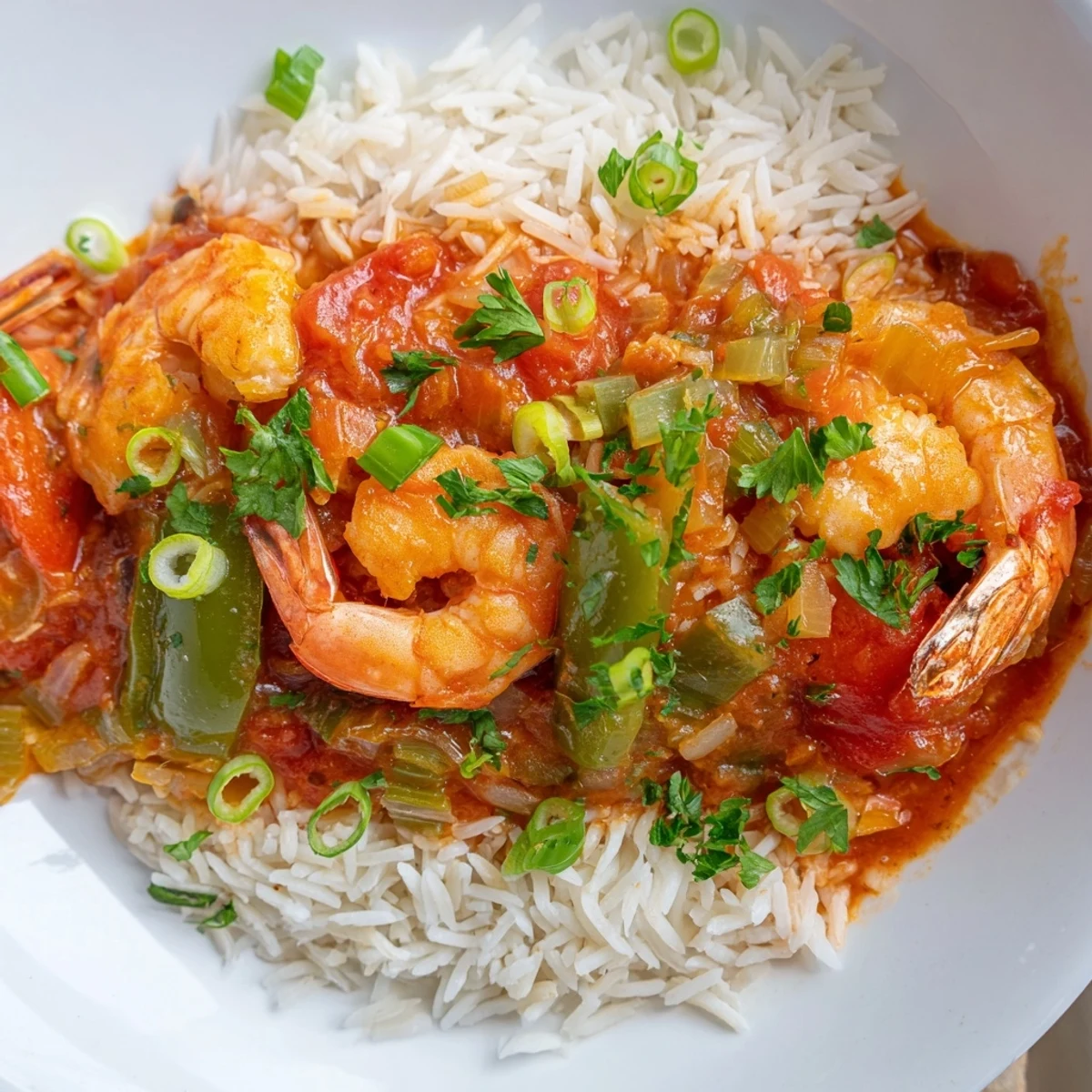 Steaming bowl of Mardi Gras Shrimp Creole with Rice, a Louisiana-inspired main dish with tender shrimp and zesty sauce served over a bed of fluffy long-grain rice.  