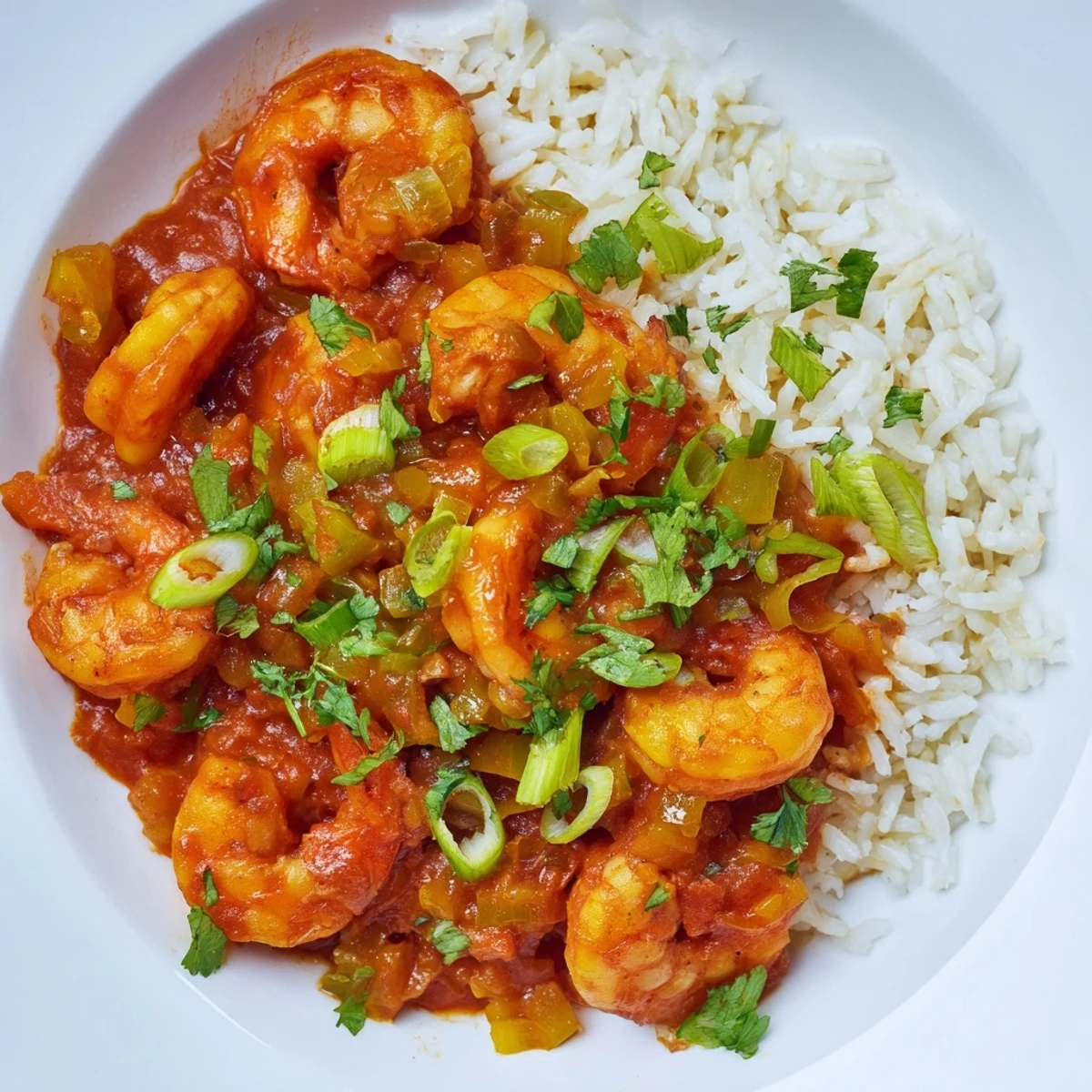 A close-up of Mardi Gras Shrimp Creole with Rice, featuring plump pink shrimp in a rich, crimson tomato sauce over fluffy white rice, garnished with fresh parsley.  