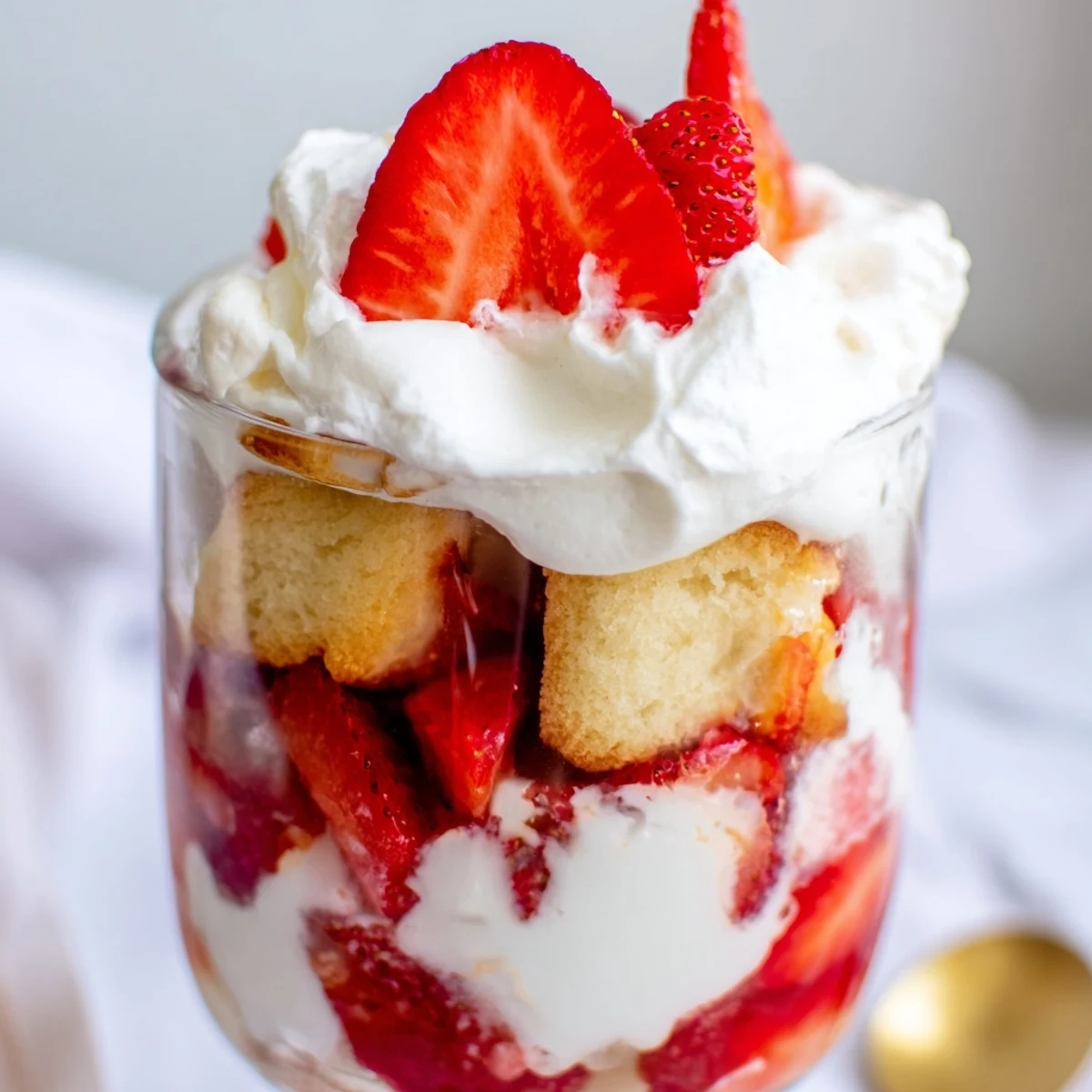 Freshly baked shortcake layers, sweet strawberries and whipped cream in a clear trifle bowl.