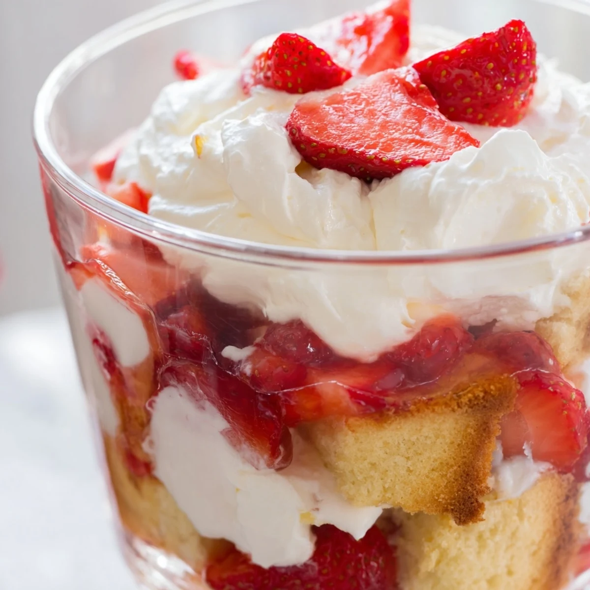 Strawberry Shortcake Trifle features macerated berries, tender cake cubes, and fluffy vanilla whipped cream.