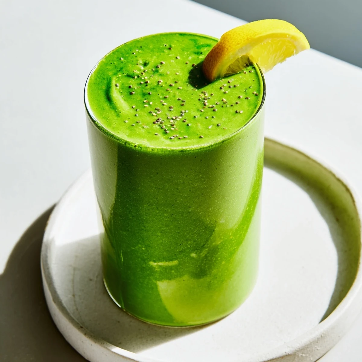 A close-up of vibrant green detox smoothie with ginger, garnished with mint, served in a clear glass.