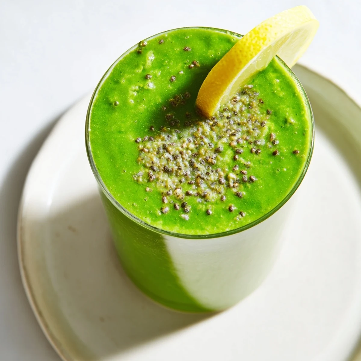 This image shows the Green Detox Smoothie with Ginger poured into a tall glass on a bright kitchen counter.