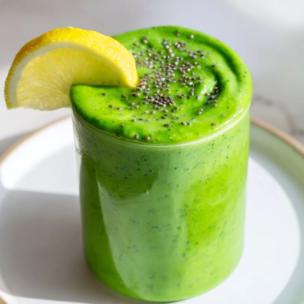 Fresh ingredients for a Green Detox Smoothie with Ginger are arranged neatly beside a blender and a glass.