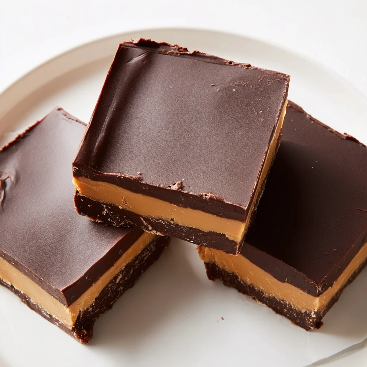 A close-up photo of sliced Chocolate Peanut Butter Fudge squares showing creamy layers and a glossy chocolate top.