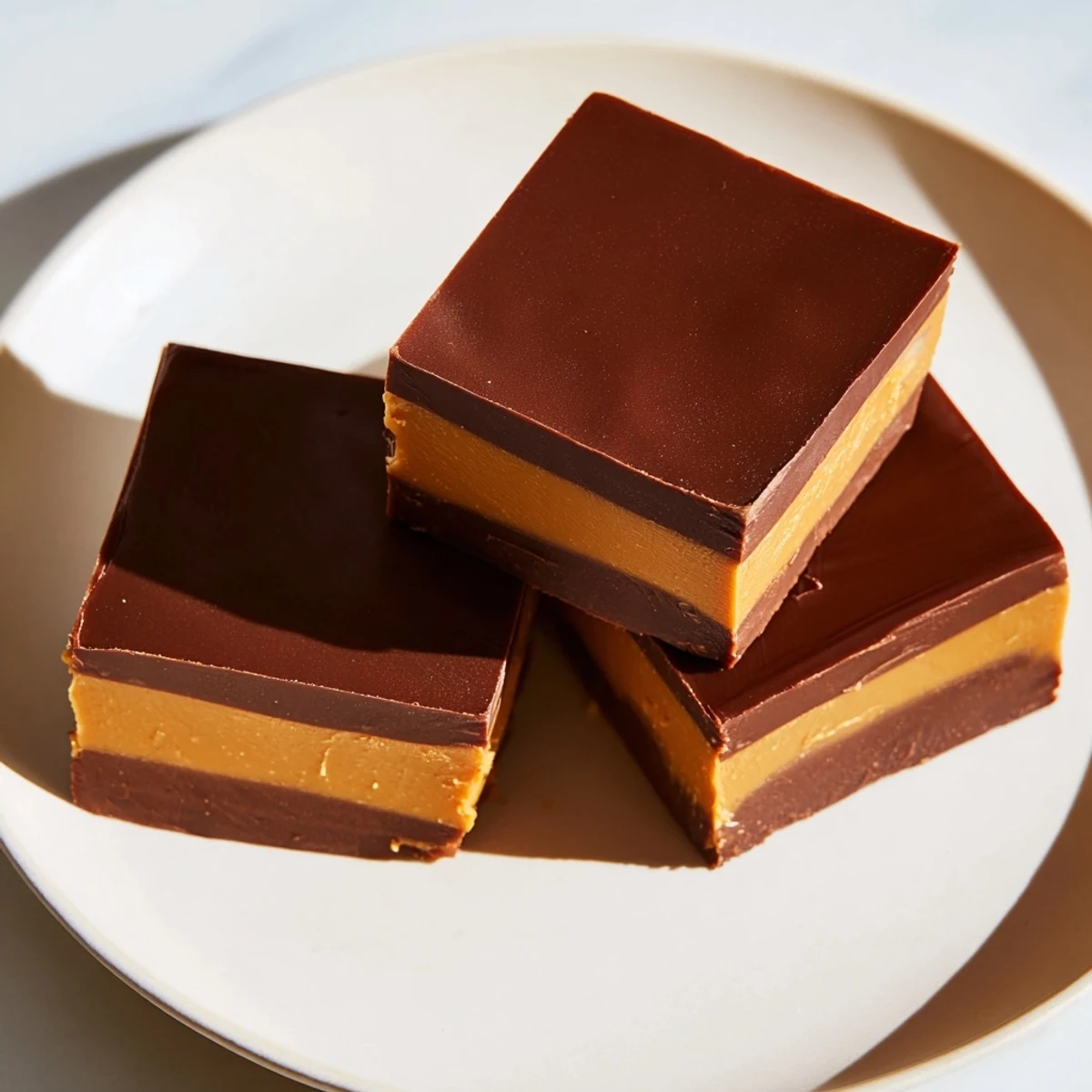 In an 8x8-inch pan, this Chocolate Peanut Butter Fudge is cut into neat squares with a decorative swirl on top.