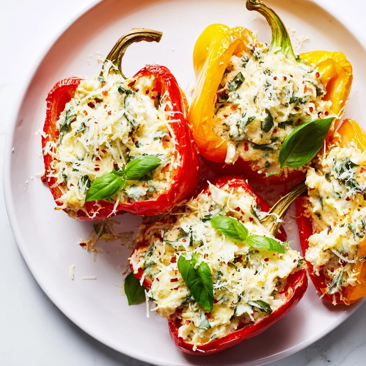 Golden-bell pepper halves filled with creamy ricotta mixture served hot and savory.