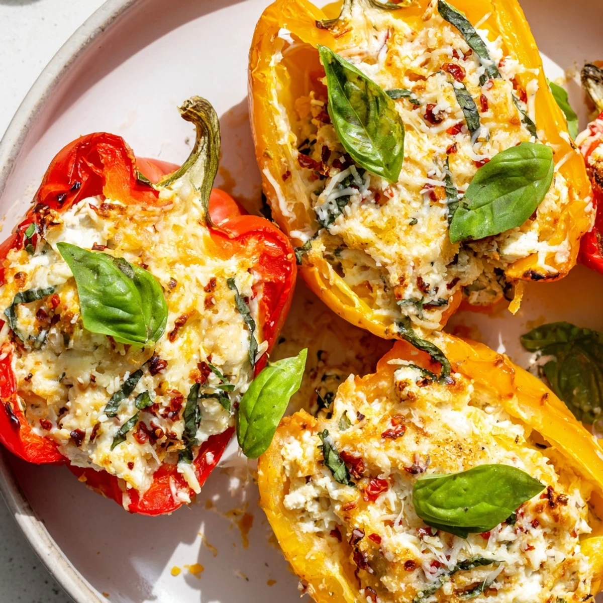 Freshly baked Ricotta Stuffed Peppers with golden melted cheese and aromatic herbs.