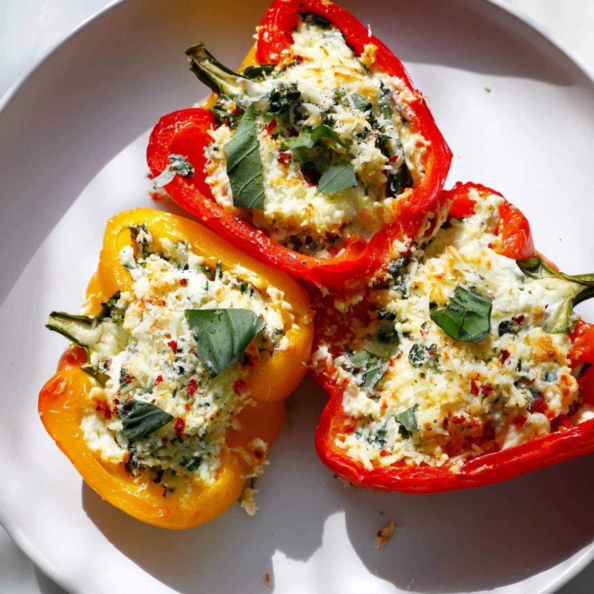 Roasted Ricotta Stuffed Peppers topped with fresh basil on a rustic plate.
