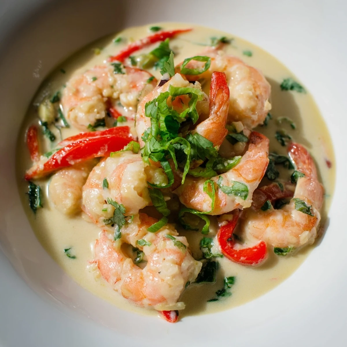 Garlic Shrimp in Coconut Milk shimmering in a creamy white sauce with fresh herbs.