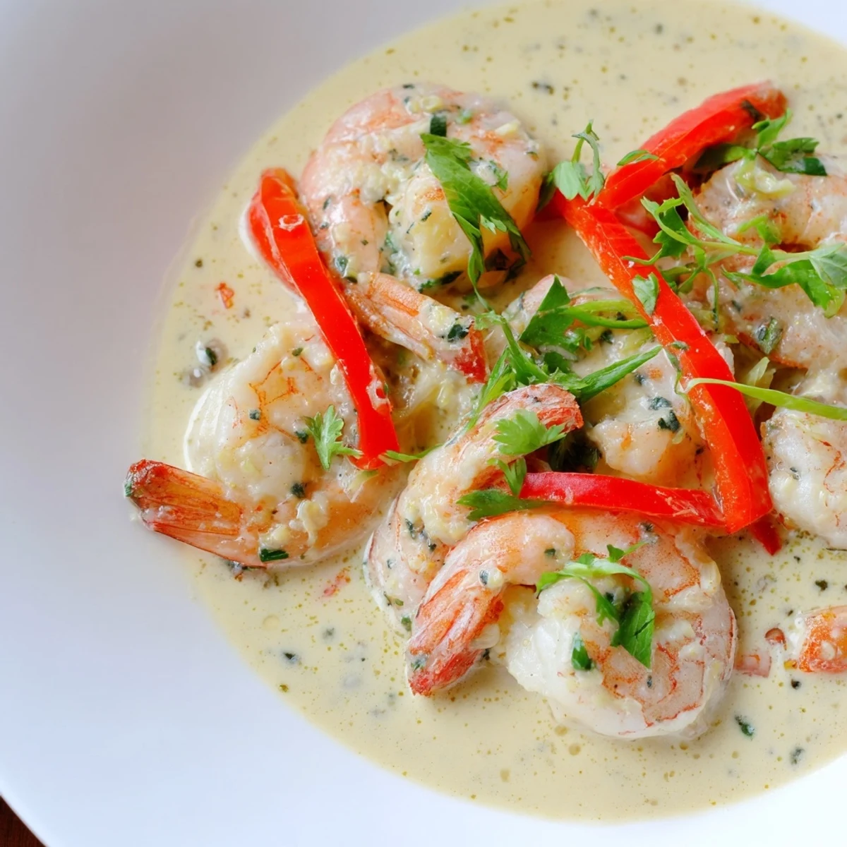 A close-up of Garlic Shrimp in Coconut Milk beside fluffy rice and lime wedges.