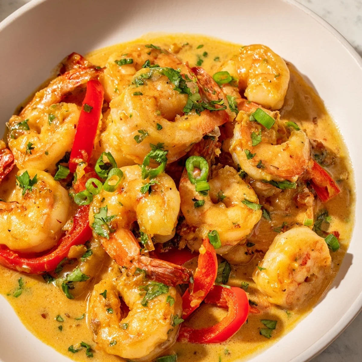 Garlic Shrimp in Coconut Milk served in a skillet with colorful bell peppers and cilantro.