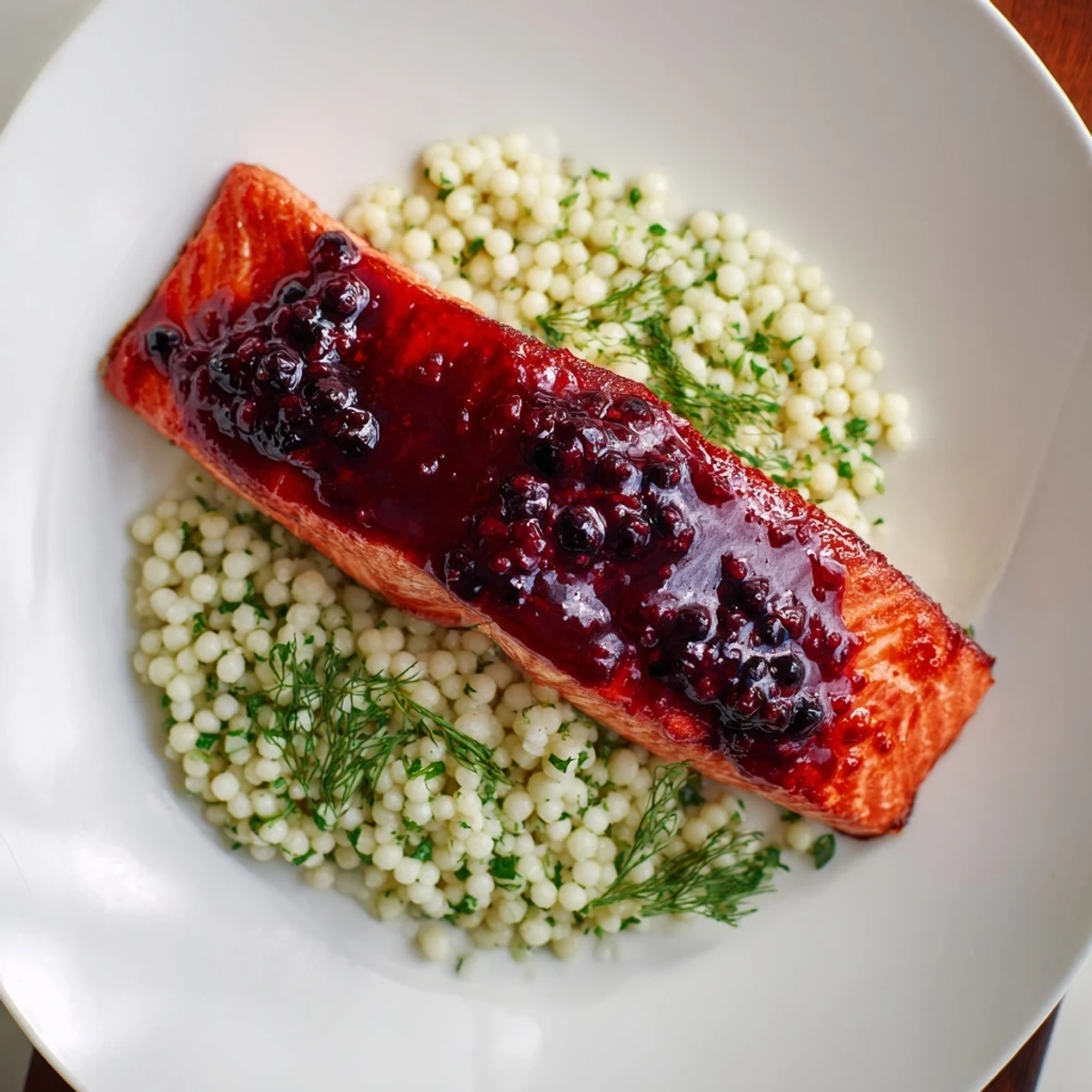 Juicy glazed salmon fillets with blueberry sauce on fluffy lemon herb couscous, garnished with fresh dill.