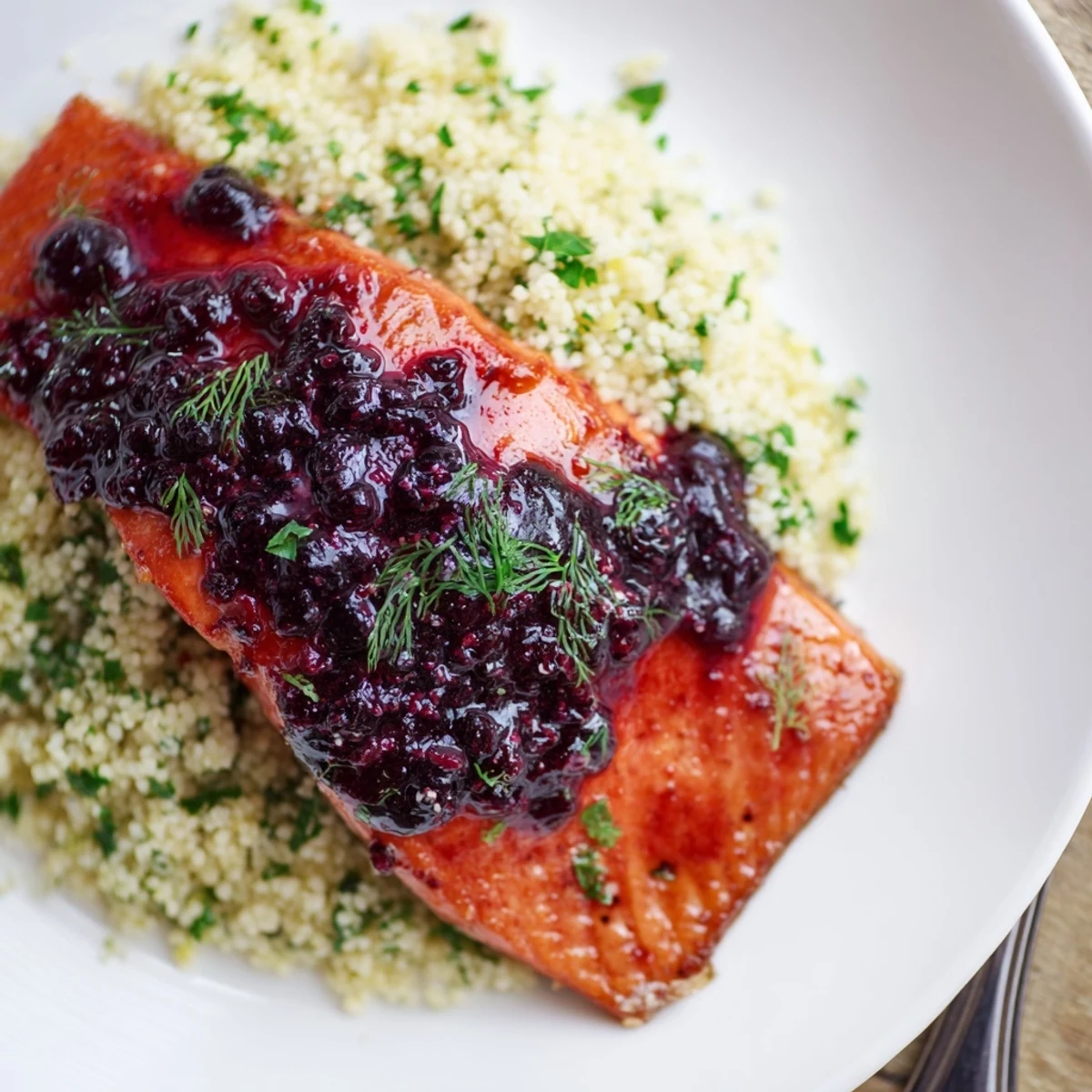 Pan-seared salmon fillets coated in vibrant blueberry glaze served beside zesty lemon herb couscous for dinner.