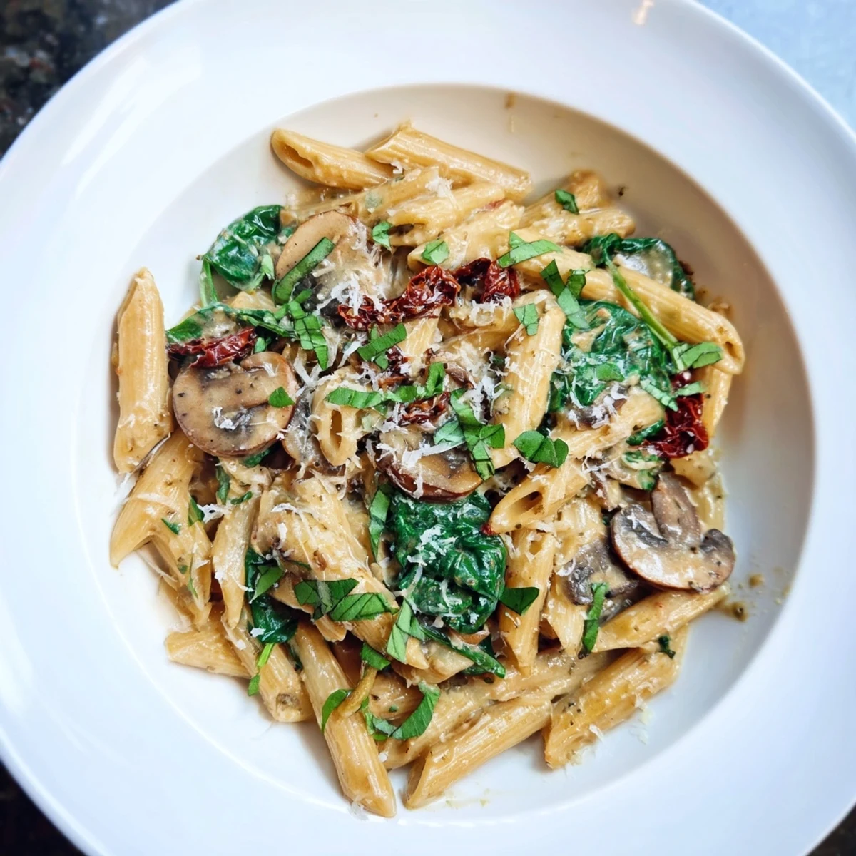 Creamy Tuscan Mushroom Pasta Skillet in a rustic pan with wilted spinach and sun-dried tomatoes.