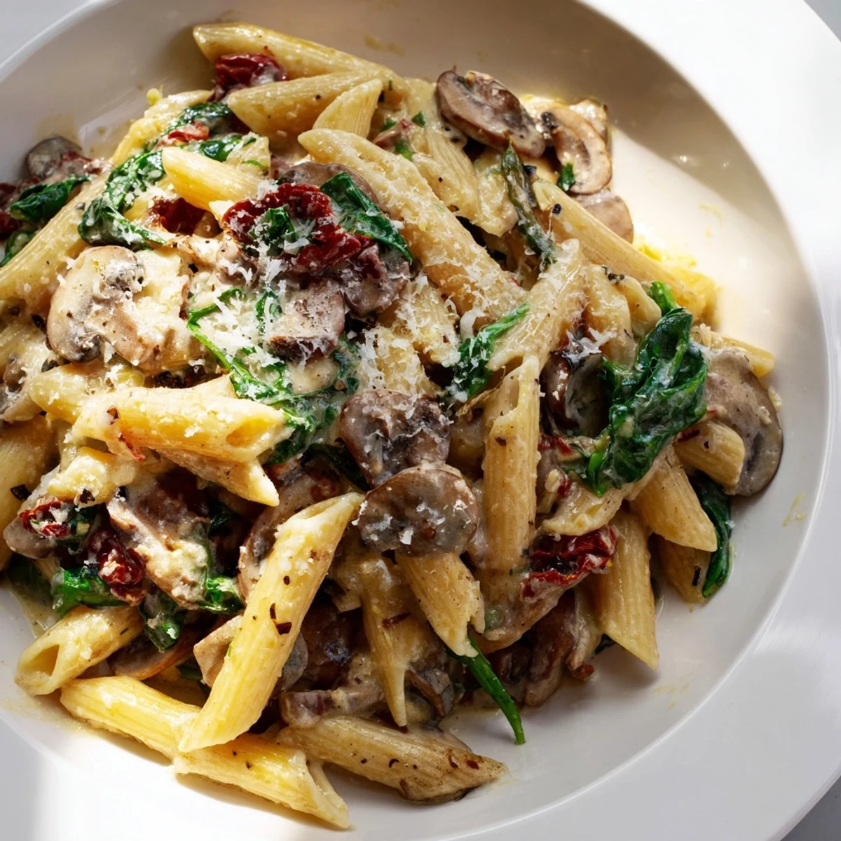 Golden penne coated in a Parmesan sauce with sautéed mushrooms in the Creamy Tuscan Mushroom Pasta Skillet.