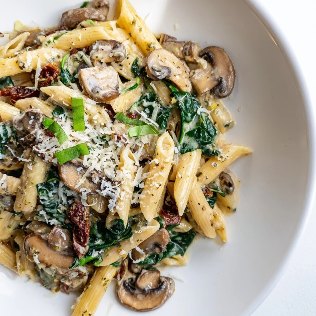 Fresh basil garnish on a steaming Creamy Tuscan Mushroom Pasta Skillet served with crusty bread on the side.