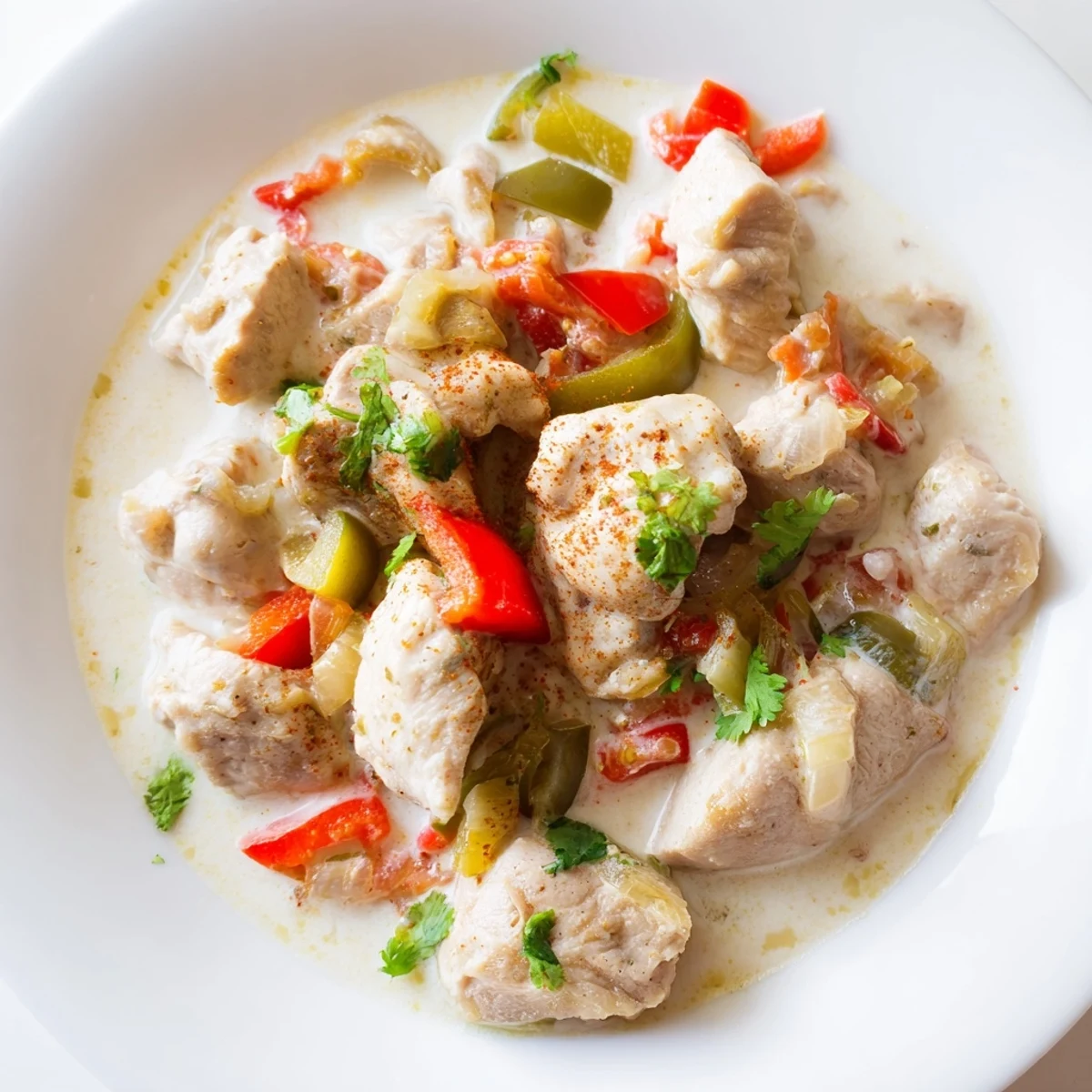 A close-up of Brazilian Coconut Chicken served in a rustic bowl, topped with fresh cilantro, next to steamed white rice and lime wedges.