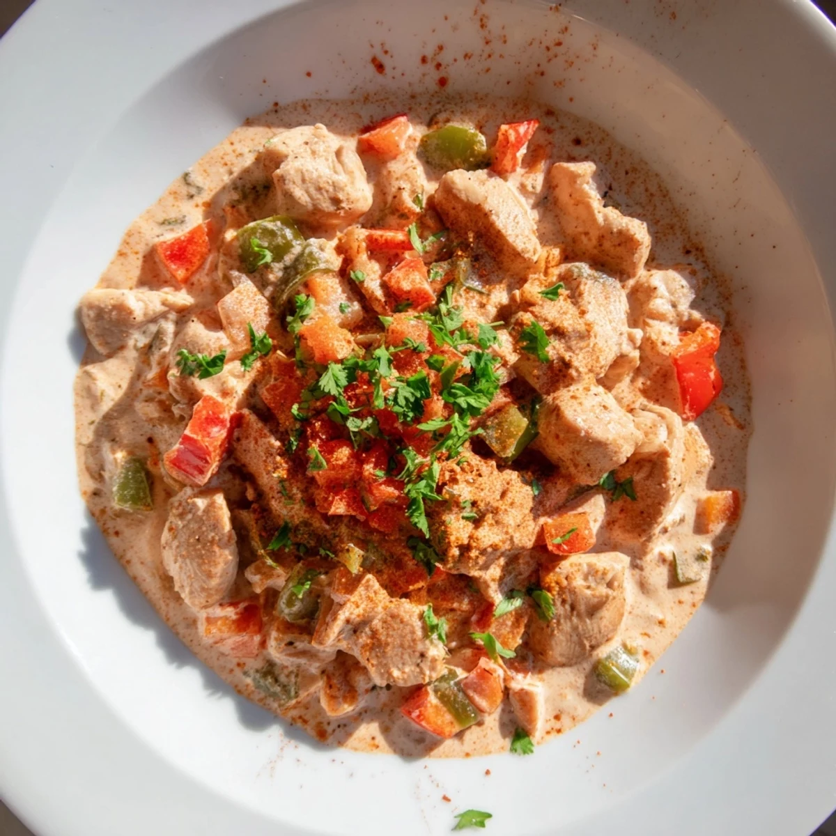 Golden Brazilian Coconut Chicken simmered in creamy coconut milk sauce, garnished with chopped cilantro and served over fluffy white rice.