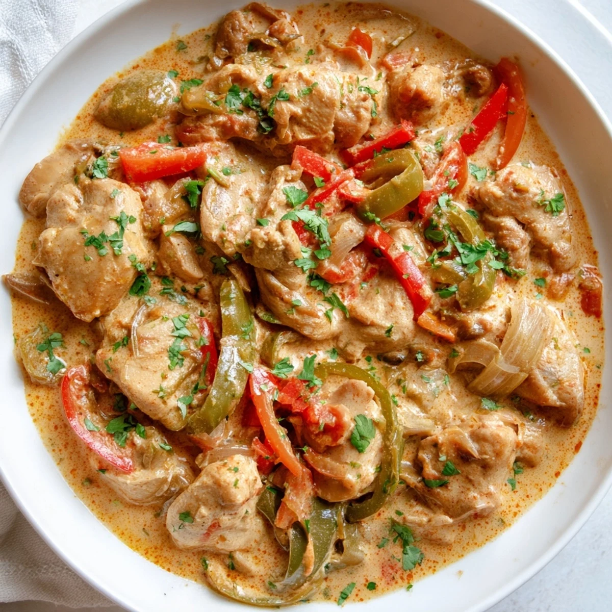 Sizzling Brazilian Coconut Chicken in a skillet with vibrant red and green bell peppers, a spoon resting in the rich sauce.