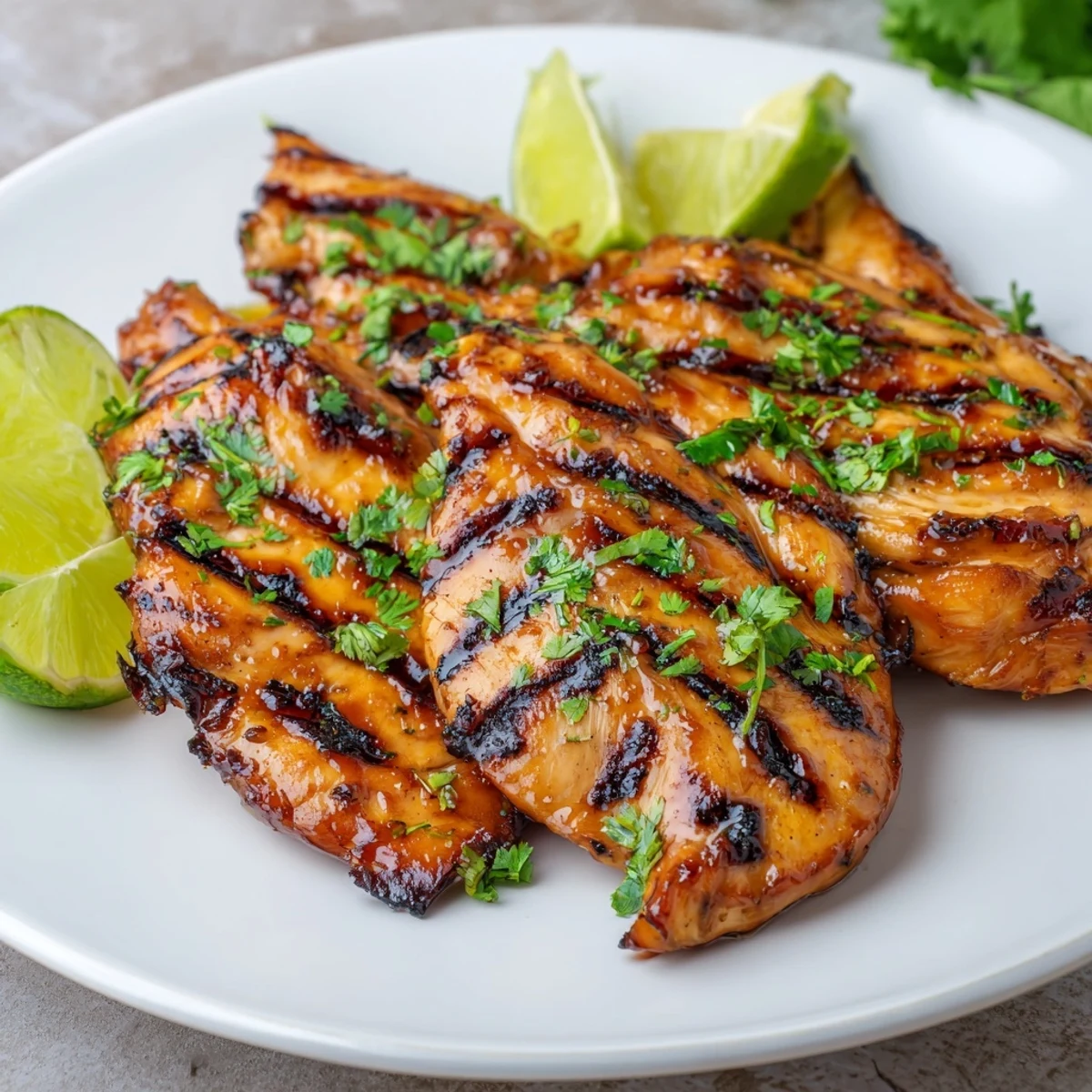 Perfectly grilled Spicy Honey Lime Chicken breasts glistening with sweet and tangy glaze, topped with fresh cilantro.