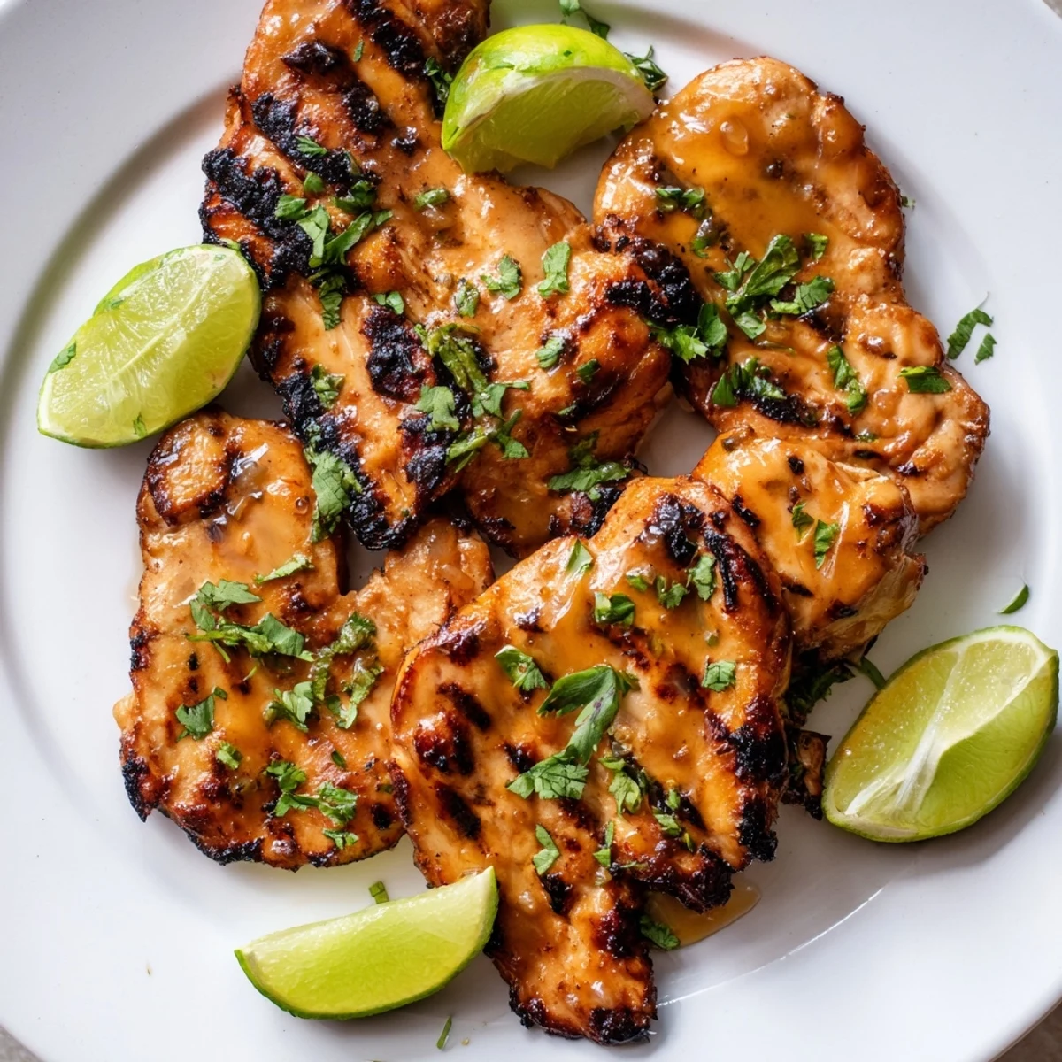 A close-up of juicy sliced Spicy Honey Lime Chicken ready to serve, with lime wedges on a rustic plate.