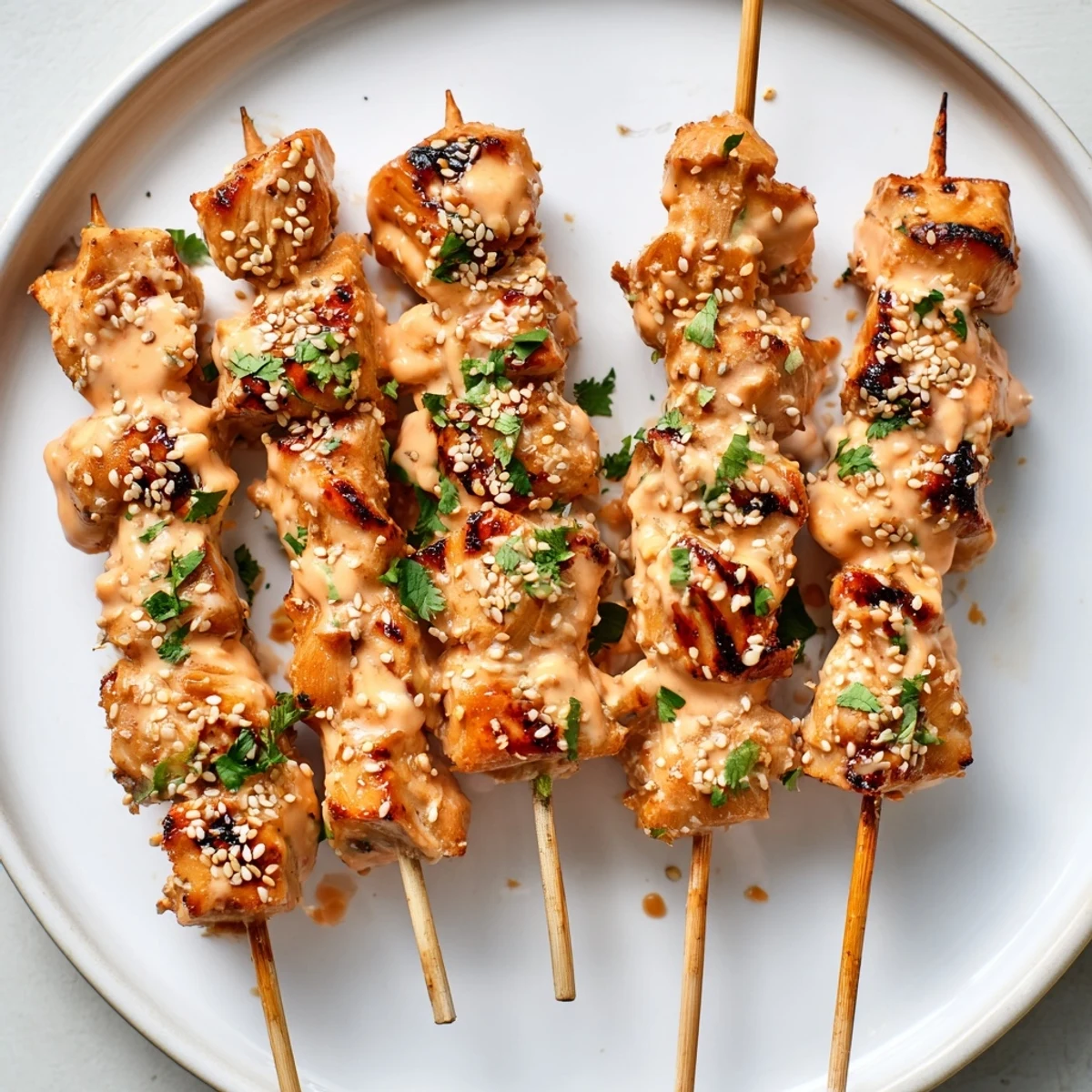 Juicy Bang Bang Chicken Skewers glazed in creamy spicy sauce, garnished with fresh cilantro and sesame seeds.