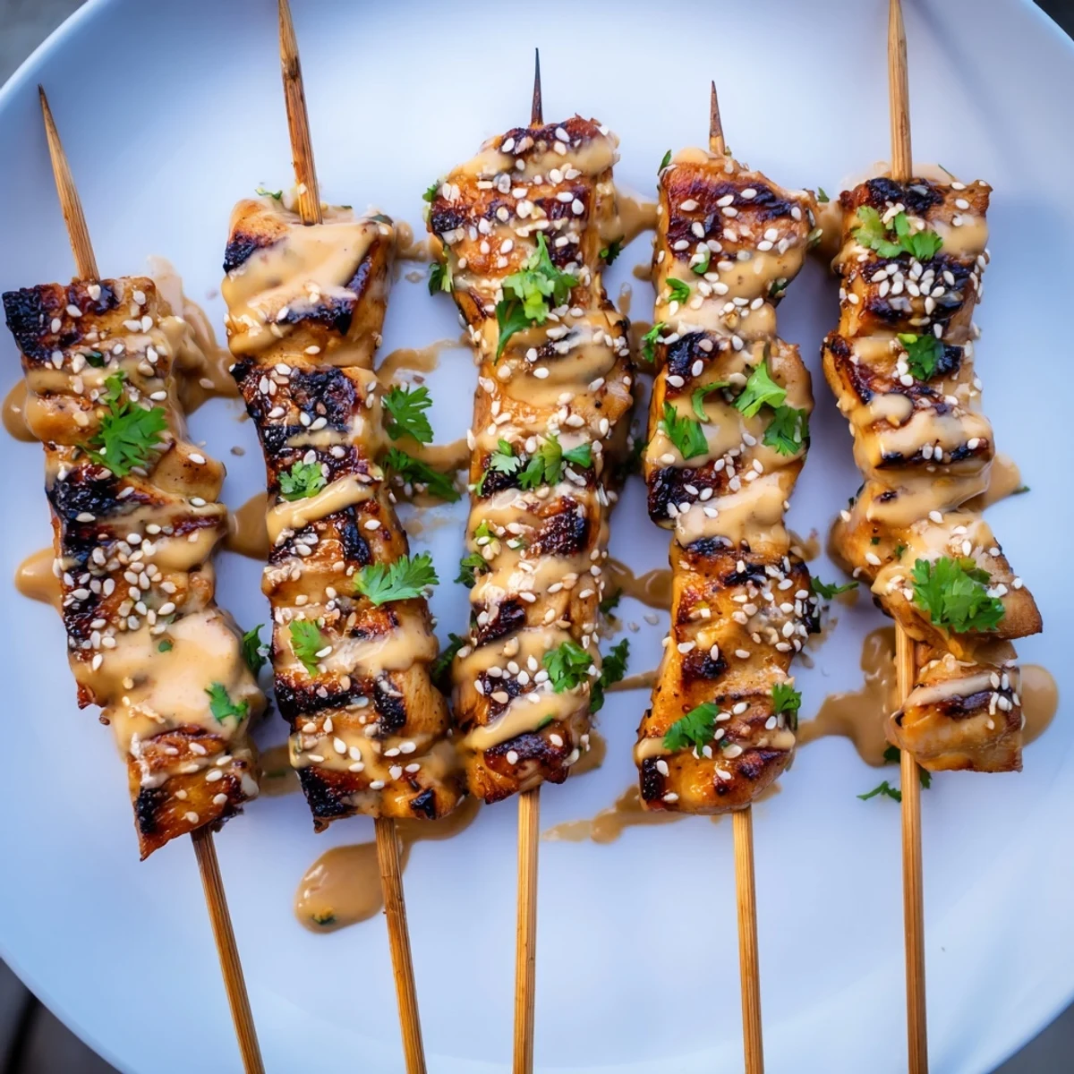 Grilled Bang Bang Chicken Skewers with char marks, drizzled in sweet and spicy sauce on a white platter.