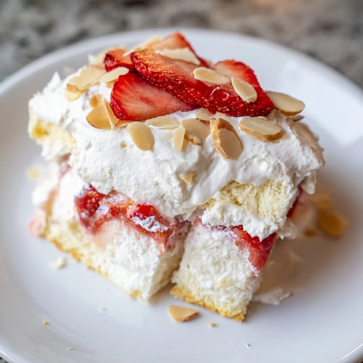 Heaven on Earth Cake with layers of angel food cake, creamy vanilla pudding, and sweet strawberry filling served chilled.