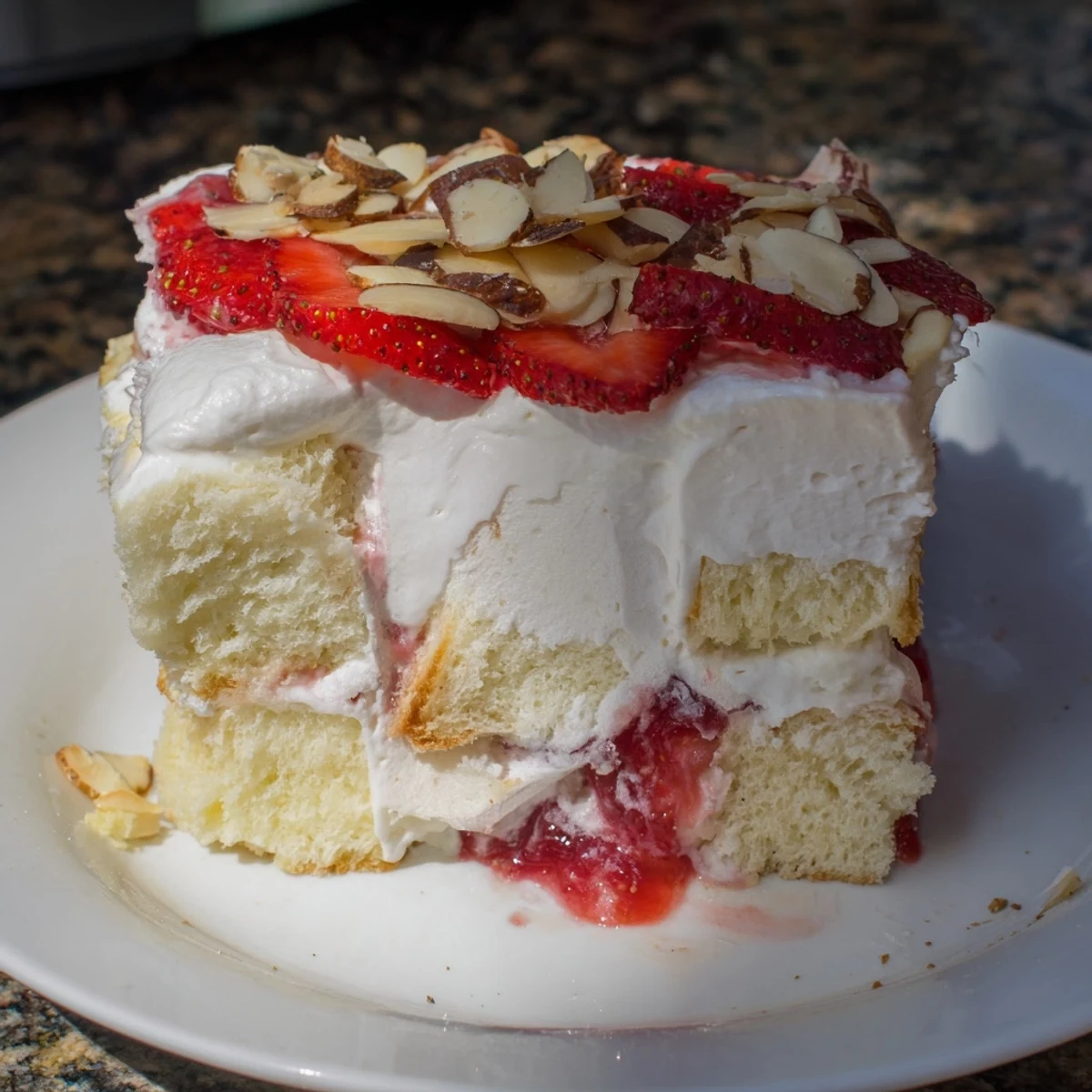 In a glass trifle dish, Heaven on Earth Cake shows off its fluffy cake cubes and glossy strawberry topping.