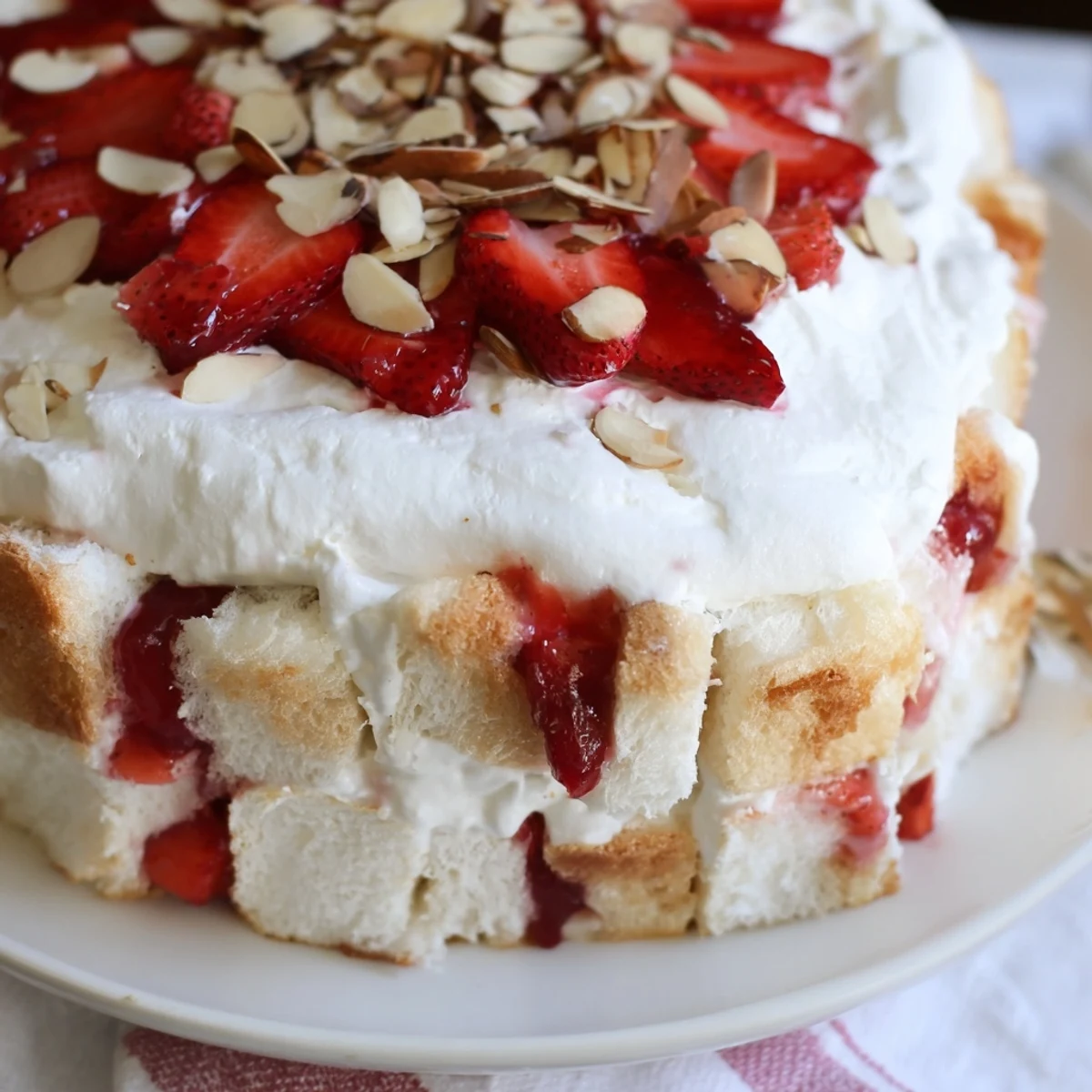 A chilled slice of Heaven on Earth Cake topped with almonds and fresh strawberries on a dessert plate.