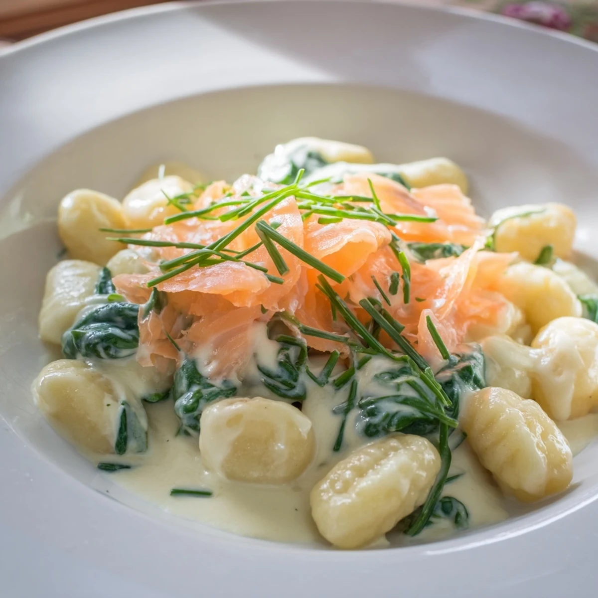 Pillowy gnocchi tossed with smoked salmon in a creamy sauce, garnished with fresh dill and chives on a white plate.