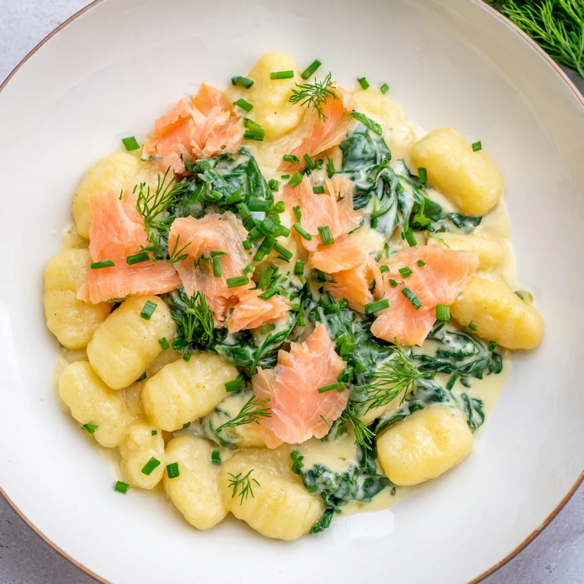 Serving suggestion for Healthy Smoked Salmon Gnocchi plated with extra herbs and a glass of crisp white wine beside it.